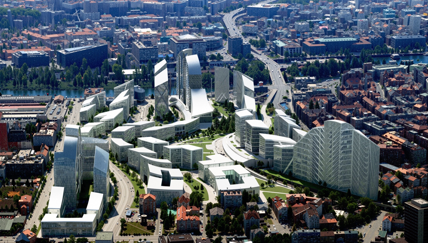 Daytime aerial perspective of the full Bubny City Center masterplan with clusters of contemporary towers and mid-rise buildings arranged around green open spaces, the city stretching beyond
