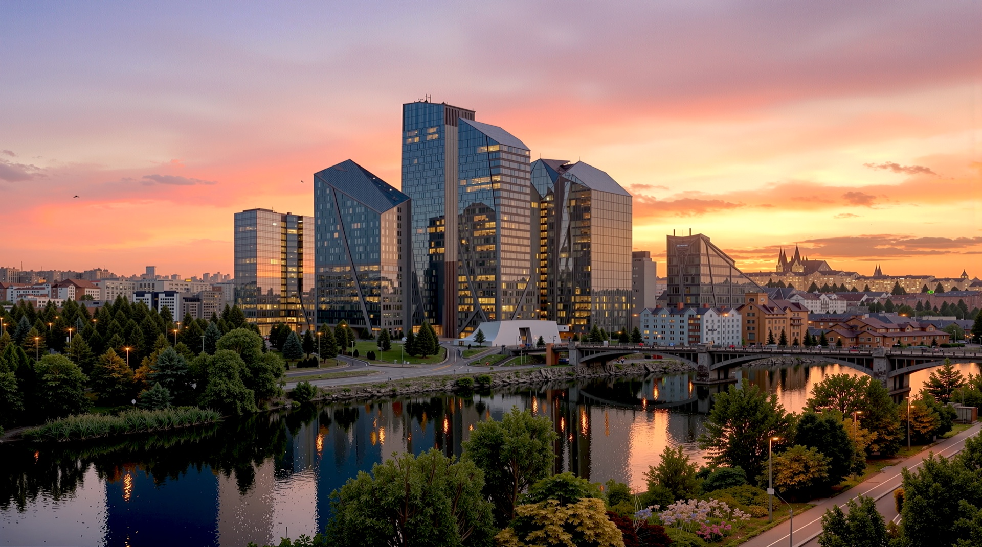 Panoramic sunset view of the Bubny City Center towers reflected in the Vltava River with Prague Castle visible on the distant skyline