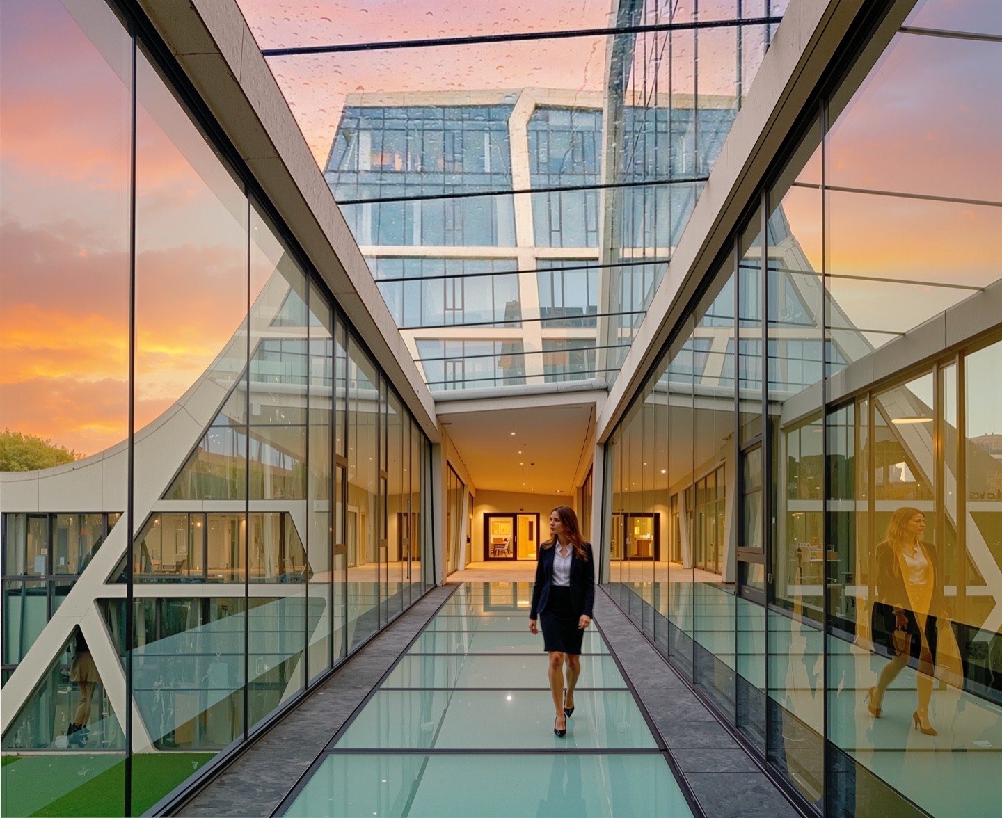 Glass-enclosed pedestrian bridge at sunset with angular structural members framing a view upward to the tower above, warm pink sky reflecting in the transparent walls