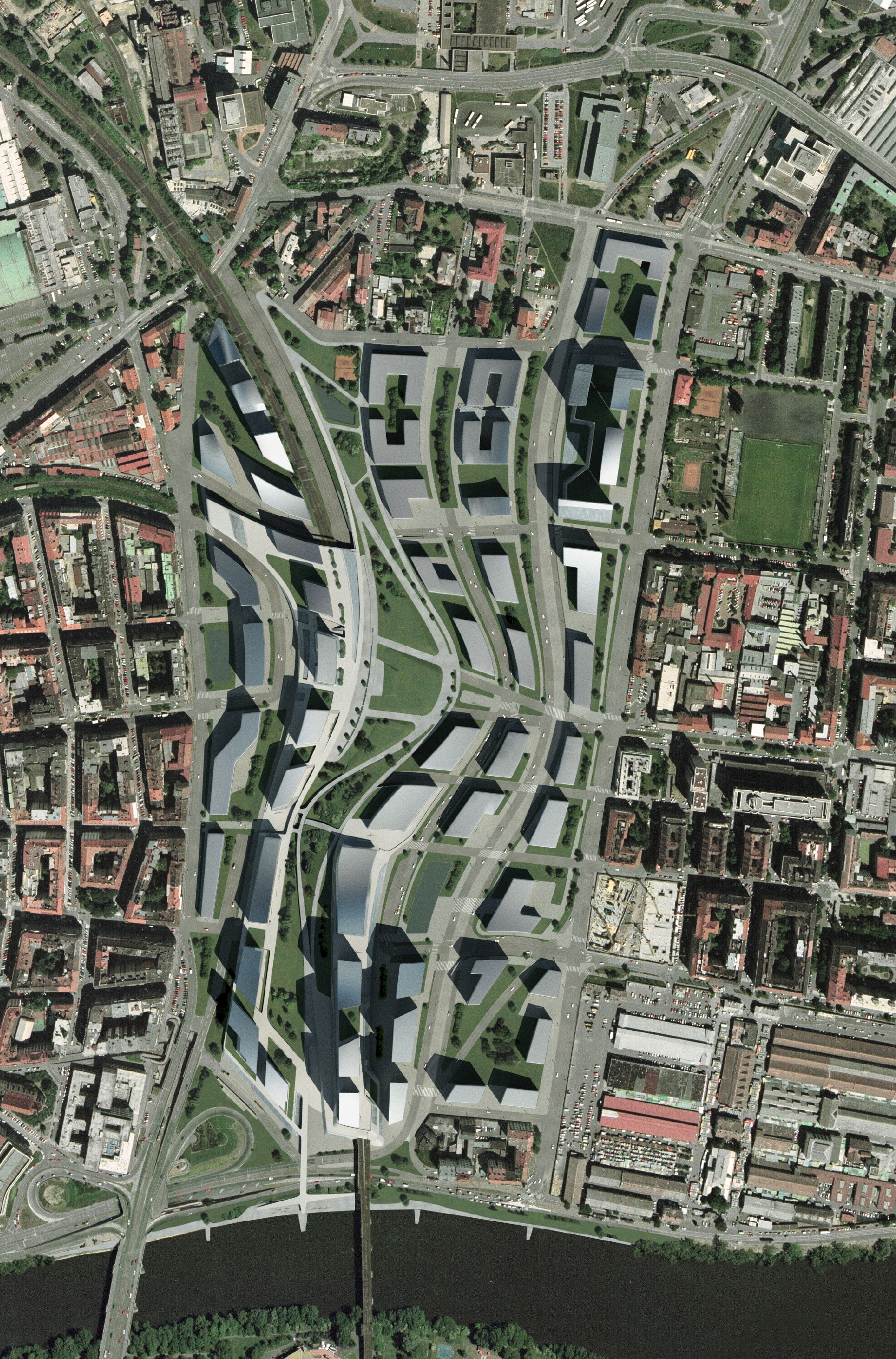 Vertical satellite-style masterplan view showing the full Bubny development footprint with its curvilinear block arrangement set within the surrounding Prague neighborhood grid