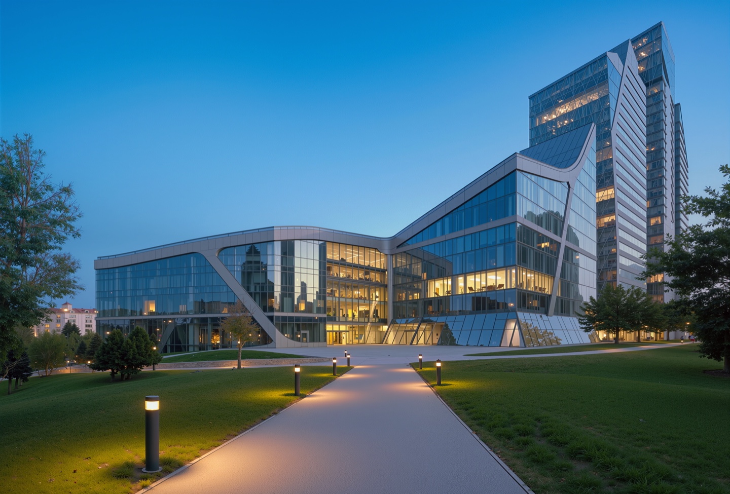 Twilight approach to the main building complex along a lit pedestrian pathway flanked by manicured lawns, with the angular glass facades glowing warmly against a deep blue sky