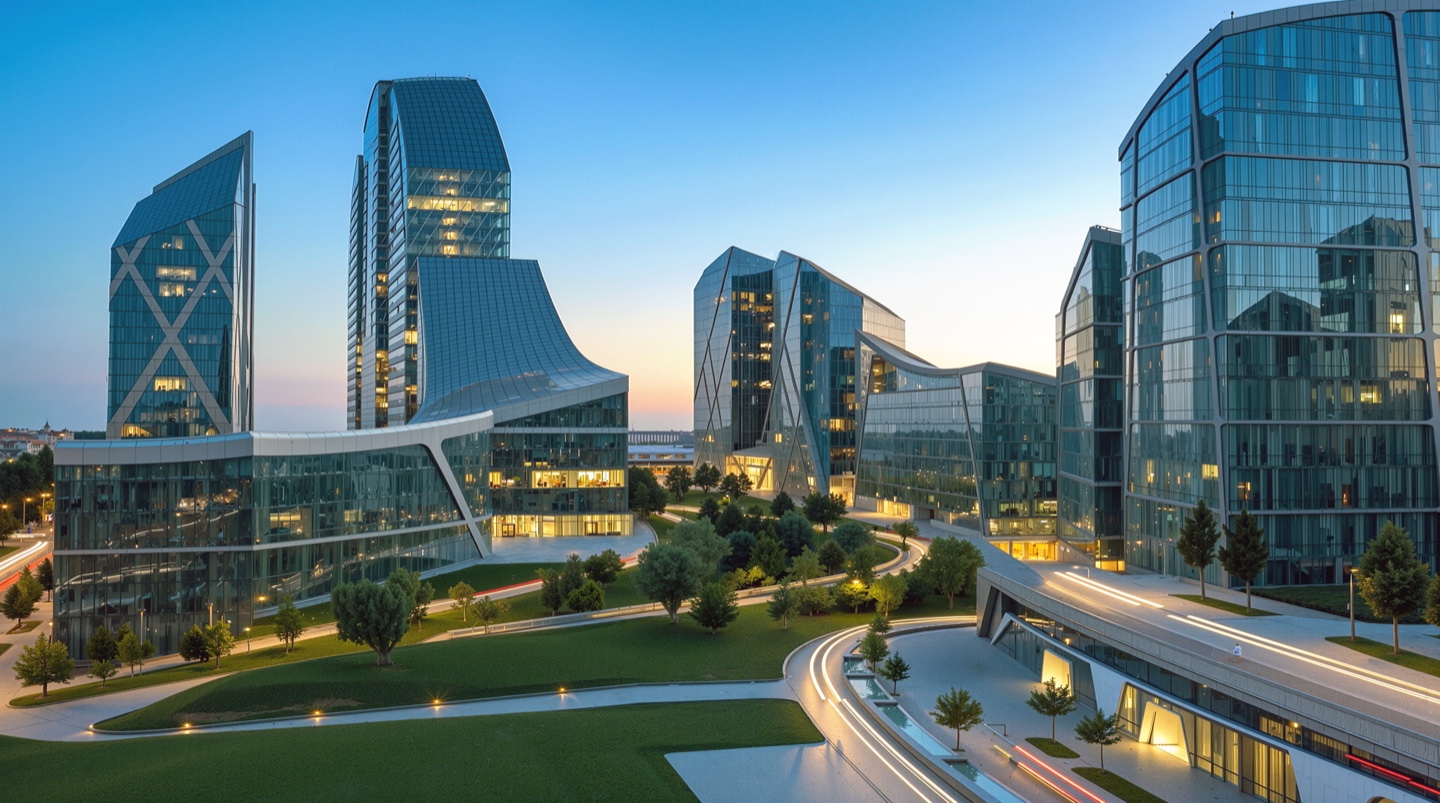 Twilight view of the Bubny City Center skyline with sculptural glass towers illuminated from within, set behind sweeping green lawns and curving roadways