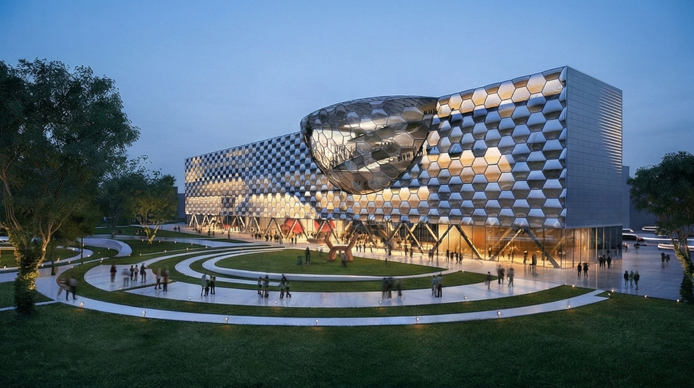 Evening view of the gallery from the park side, the illuminated facade reading against the surrounding trees