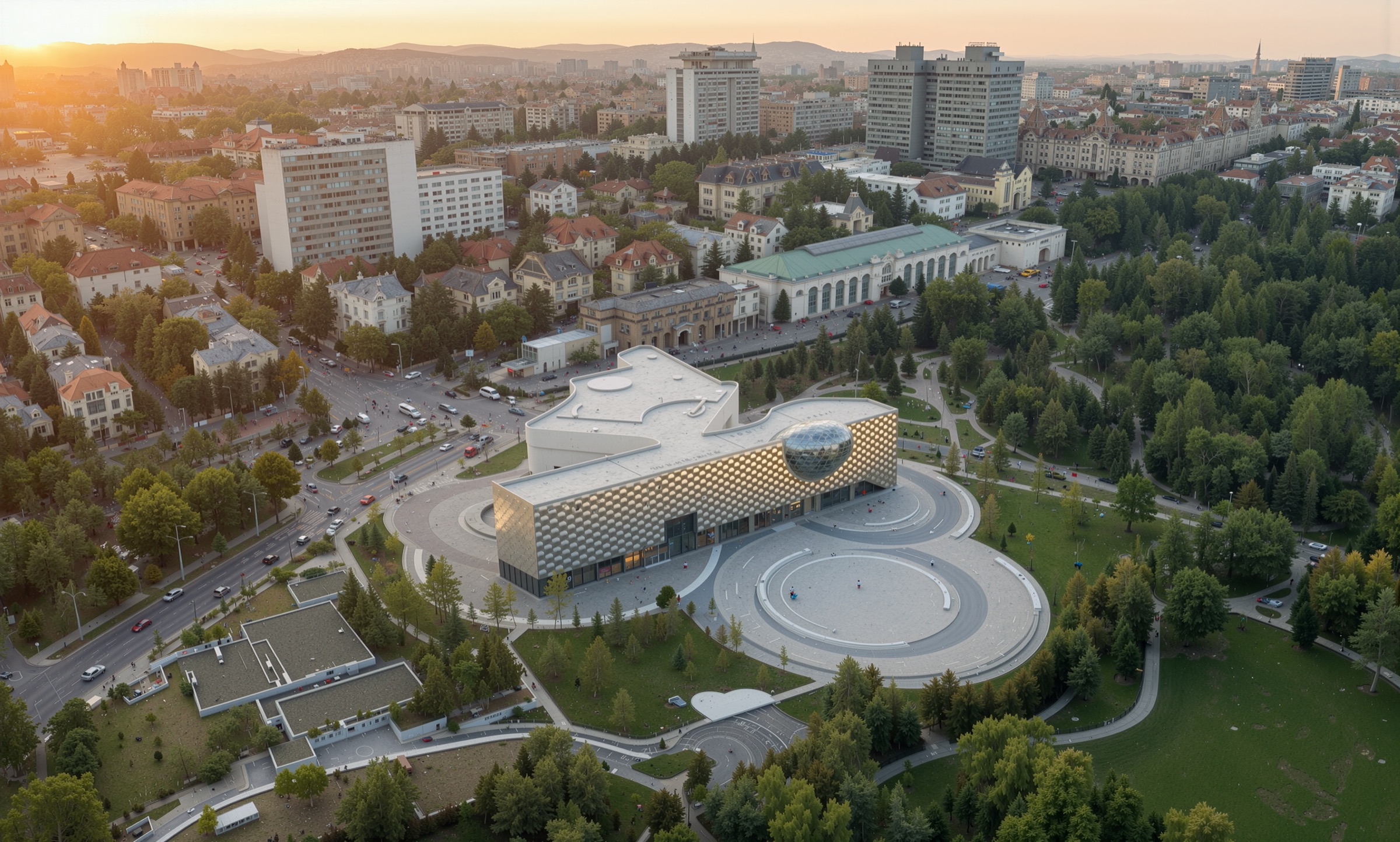 Full view of the gallery from the City Park side, the building reading as a layered horizontal volume against the parkland and Budapest skyline