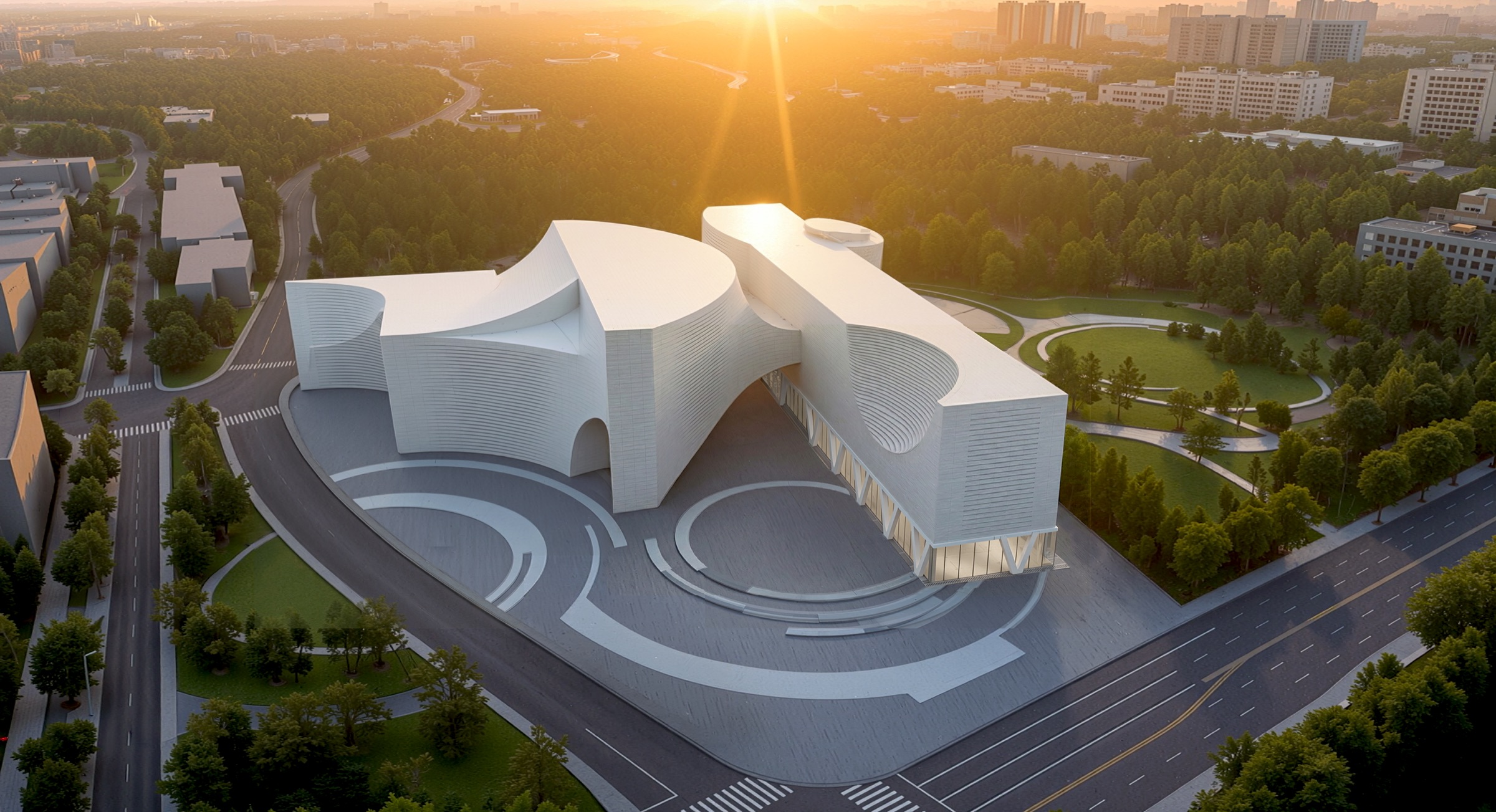 Alternate full exterior view of the gallery showing the building's massing and approach in context
