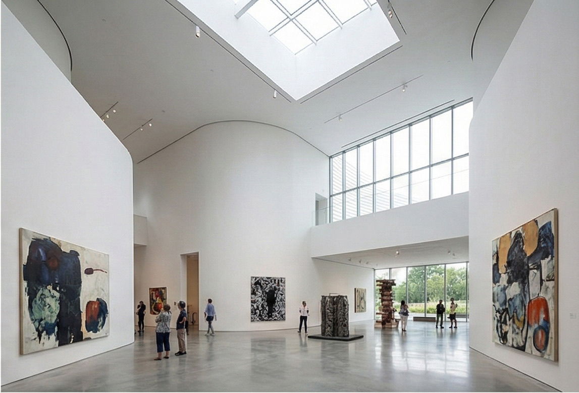 Painting gallery interior with works hung on white walls under even gallery lighting