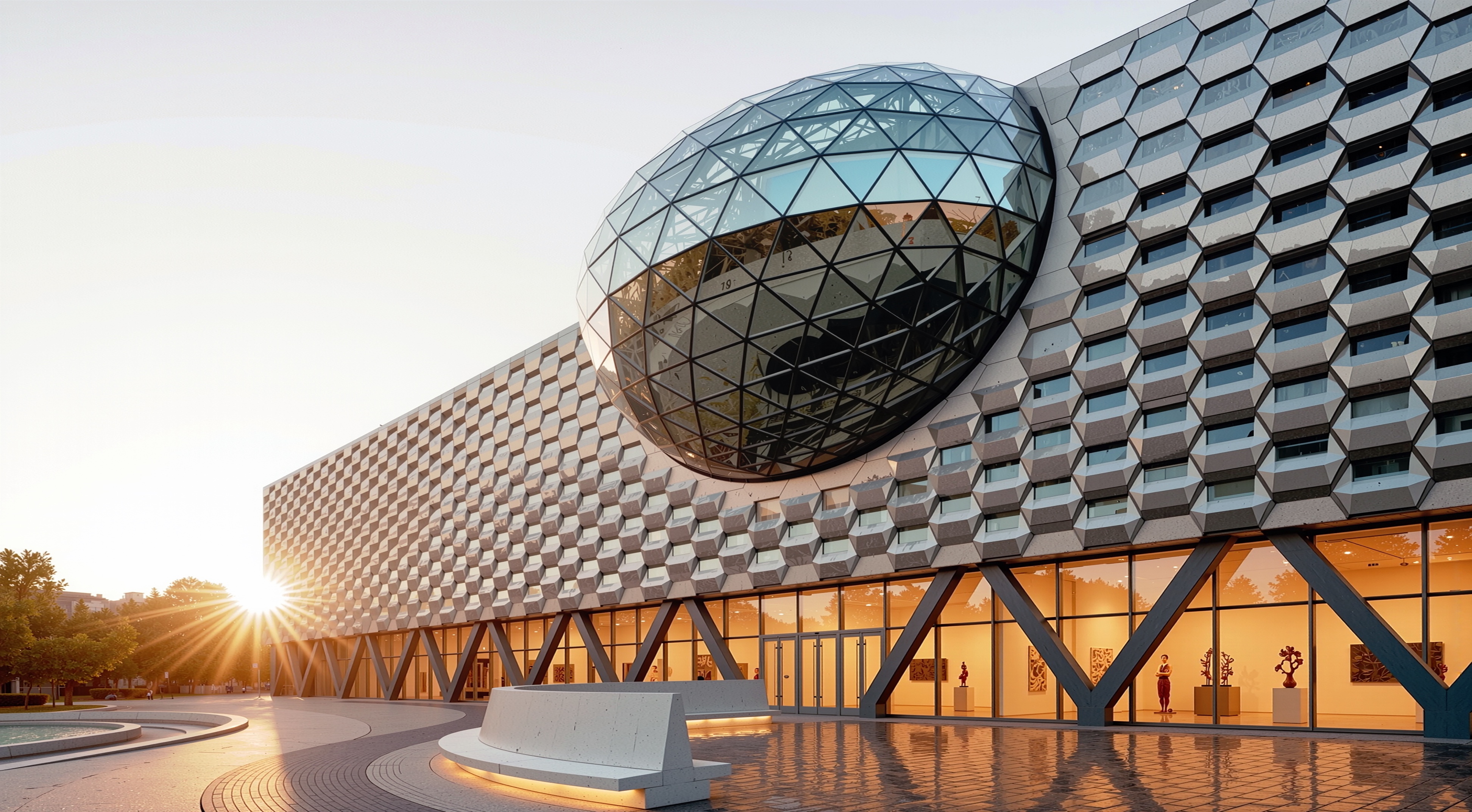 Exterior view of the gallery at sunset featuring a hexagonal facade with a large spherical glass dome