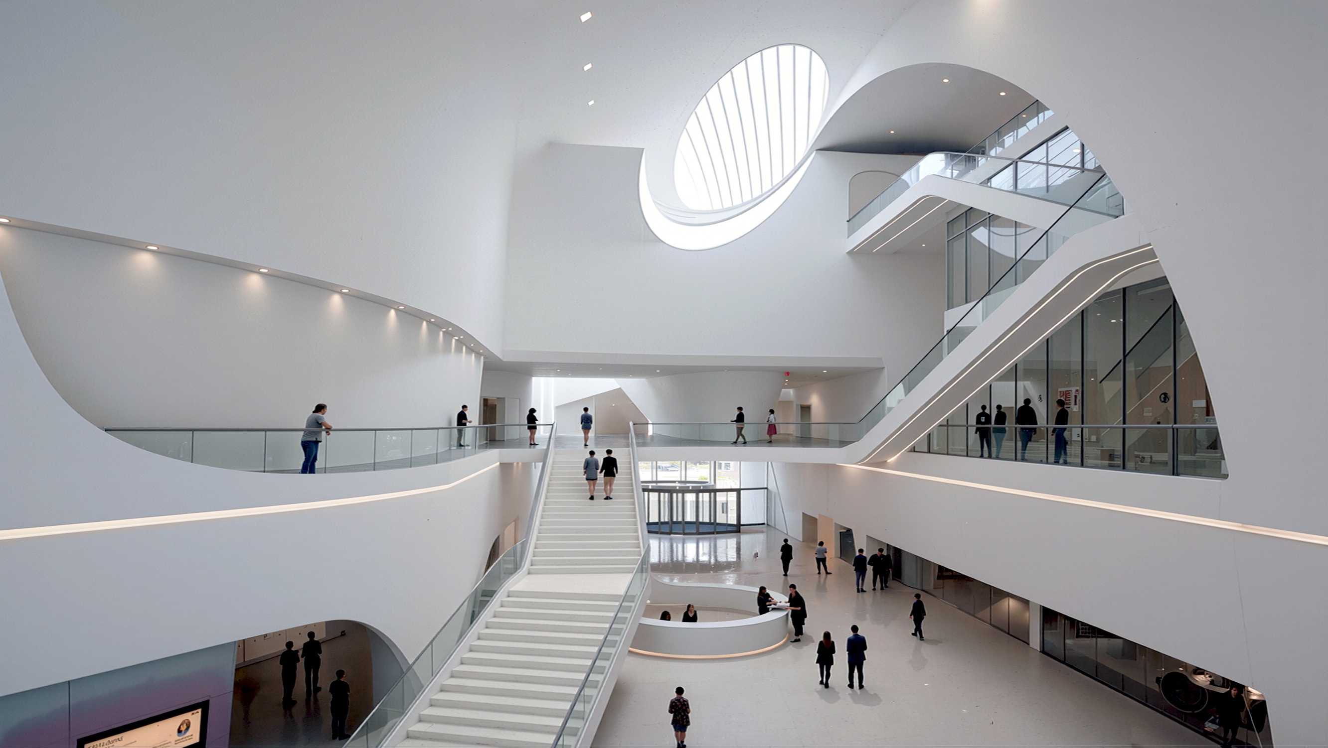 Multi-level interior atrium with sweeping white curved balconies, central staircase, and elliptical skylight
