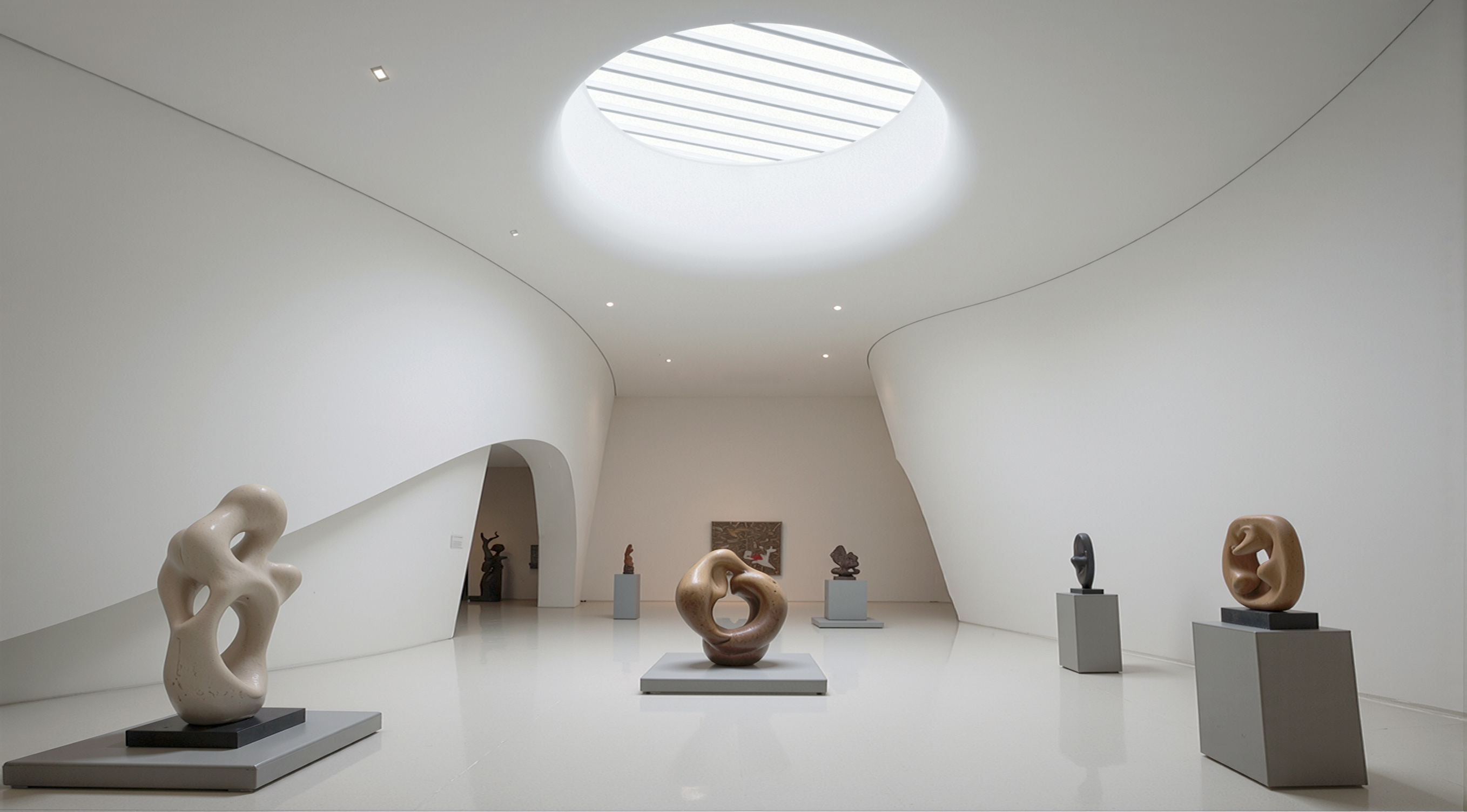 White curved sculpture gallery interior with circular skylight and contemporary sculptures on pedestals