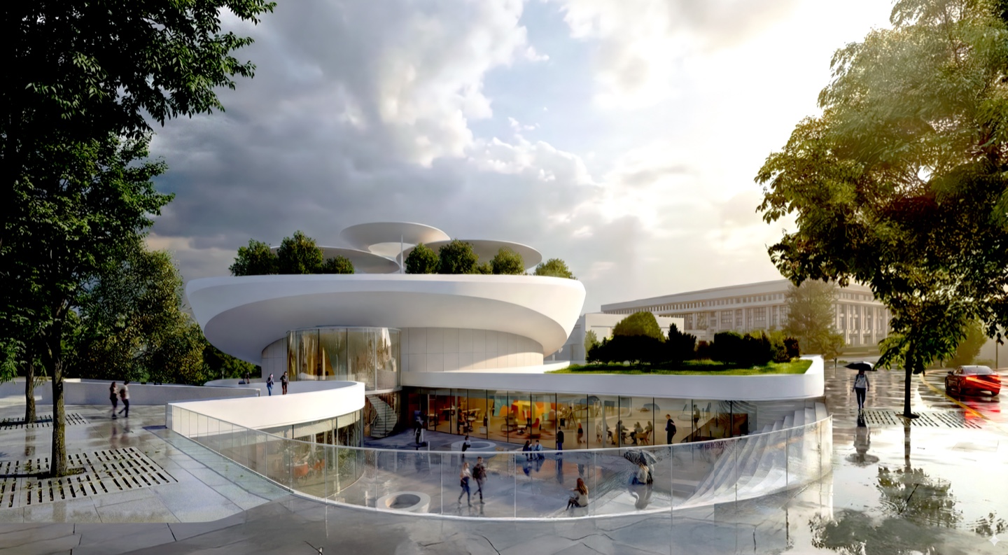 Aerial view of the full complex showing the terraced landscape, disc canopies, and surrounding urban context