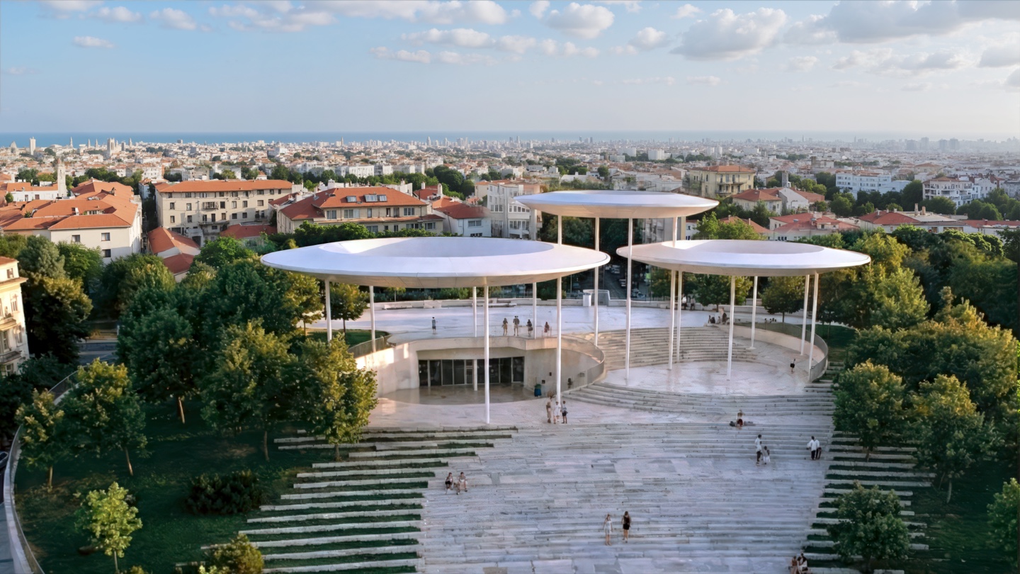 View from the upper terrace overlooking the Black Sea coastline and city of Burgas