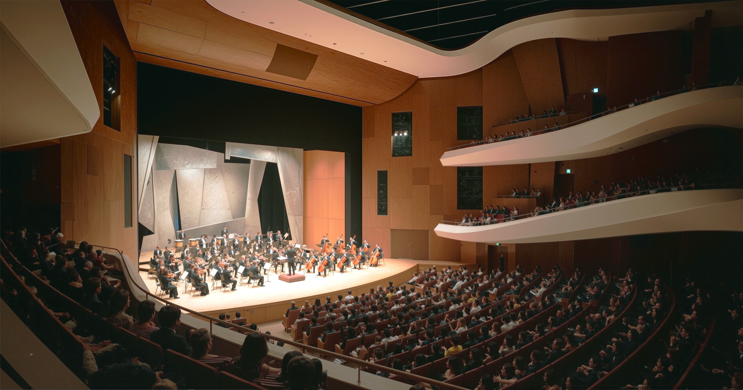 Concert hall interior with a full orchestra performing on stage, surrounded by warm timber-paneled walls and undulating white balcony levels filled with audience members