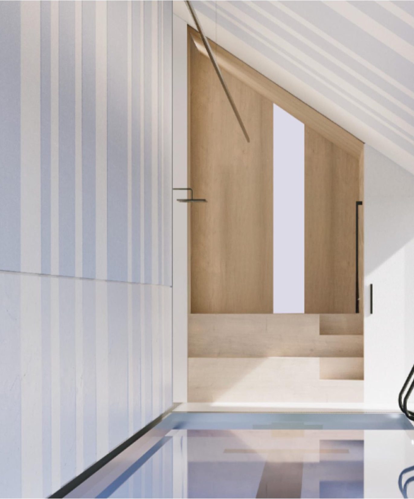 Interior view toward the entry stairs — oak-lined stair volume set into the striped wall, pitched ceiling above, pool water reflecting light below