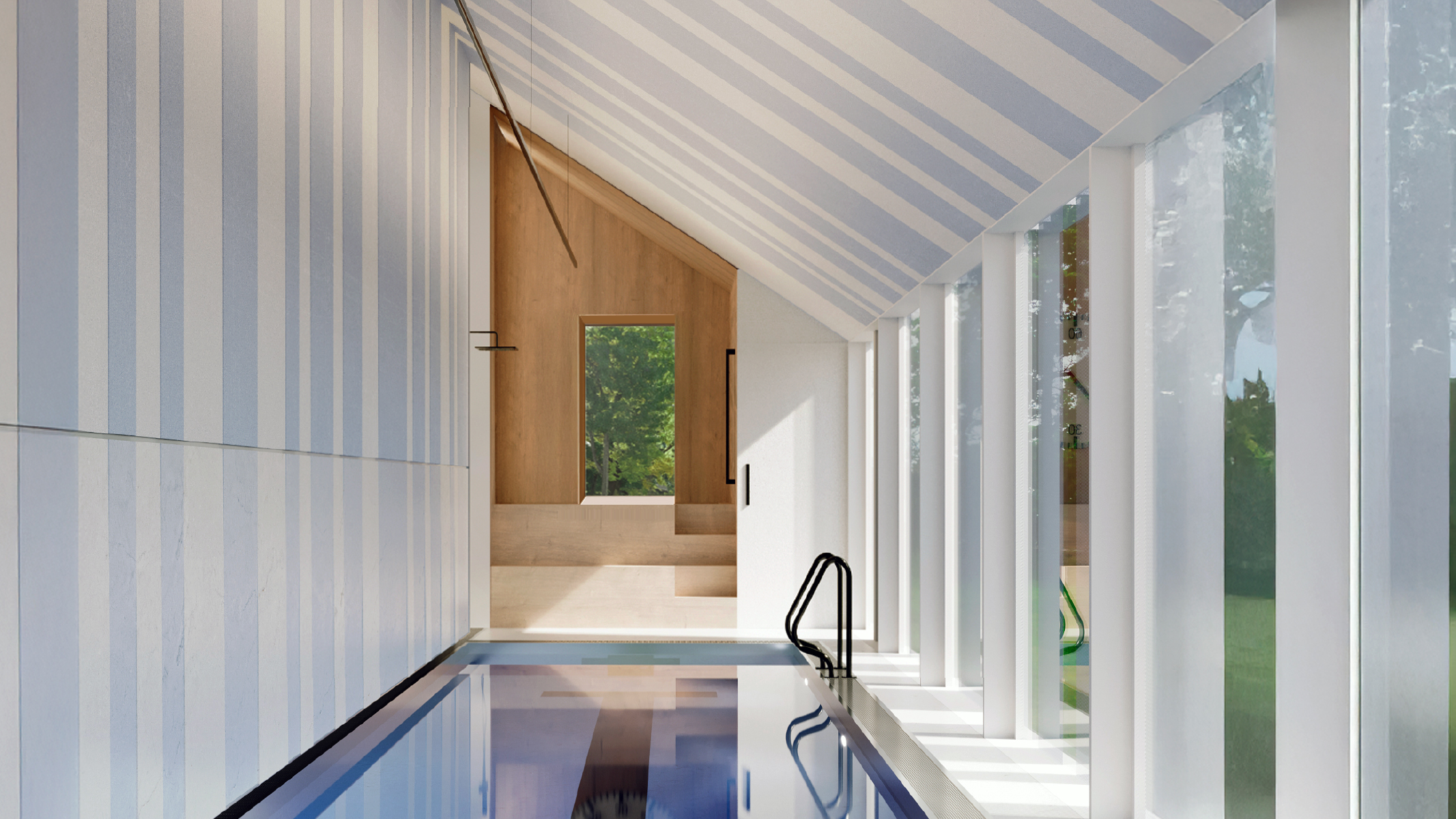 Interior daylight view down the pool toward the oak-lined entry volume at the far end, the striped wall on the left, the vertical colonnade and glazing on the right opening to the garden