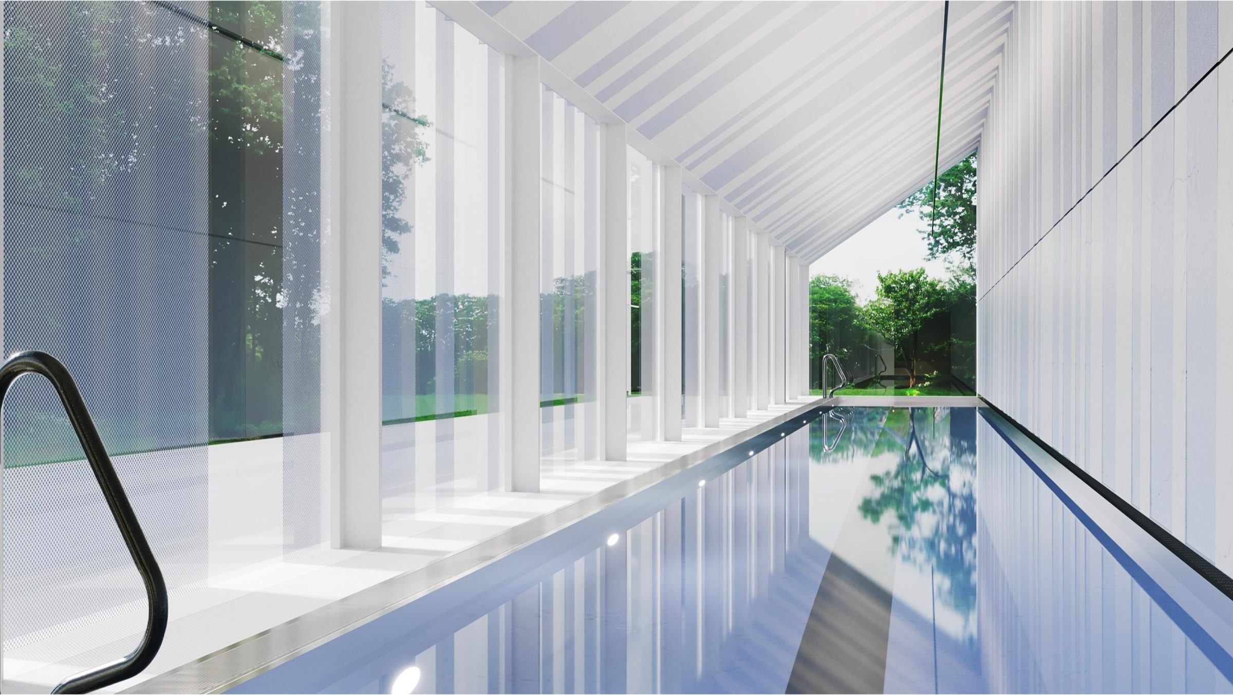 Interior view of the lap pool in daylight — white vertical columns framing full-height glazing on both sides, pitched ceiling with striped panelling, trees visible through the glass
