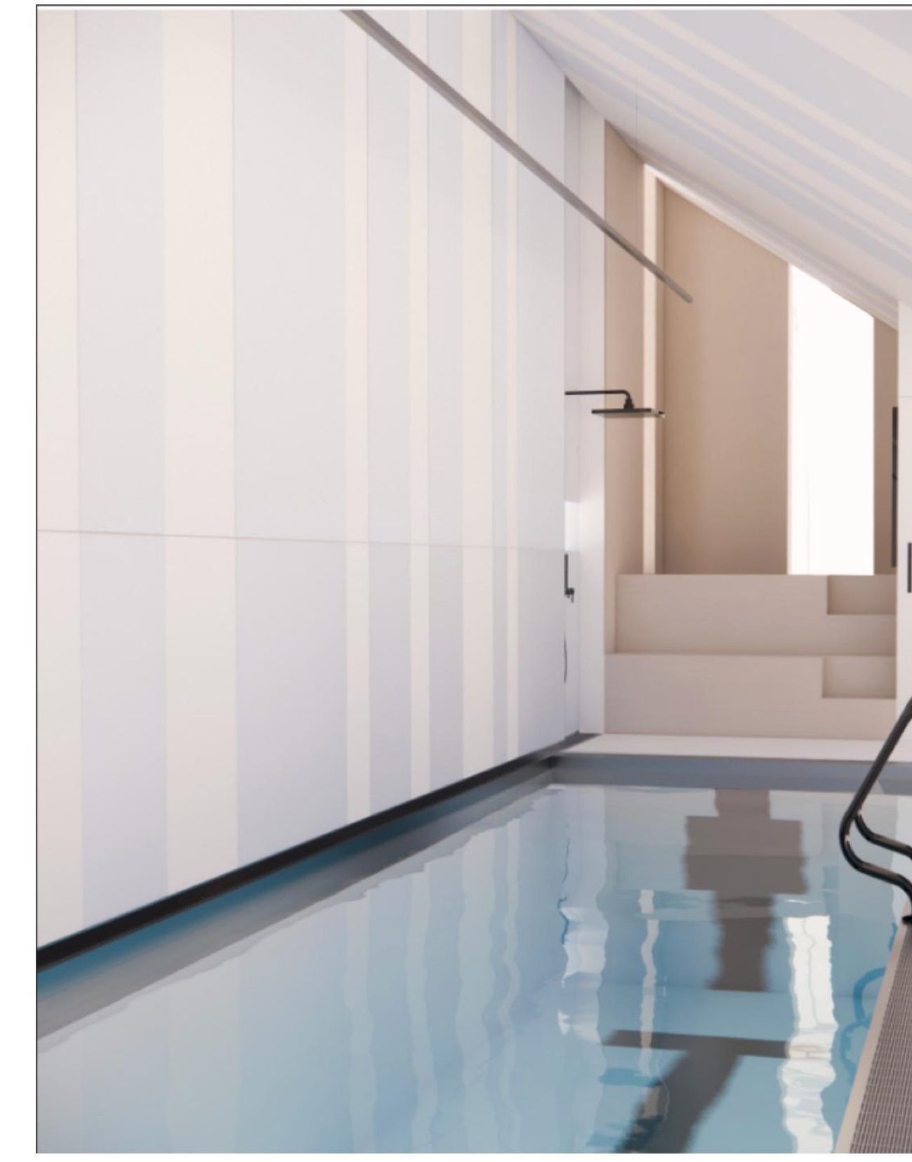 Interior view along the striped wall toward the far entry — vertical panelling in muted tones, shower fixture, pool ladder, and stepped entry visible beyond