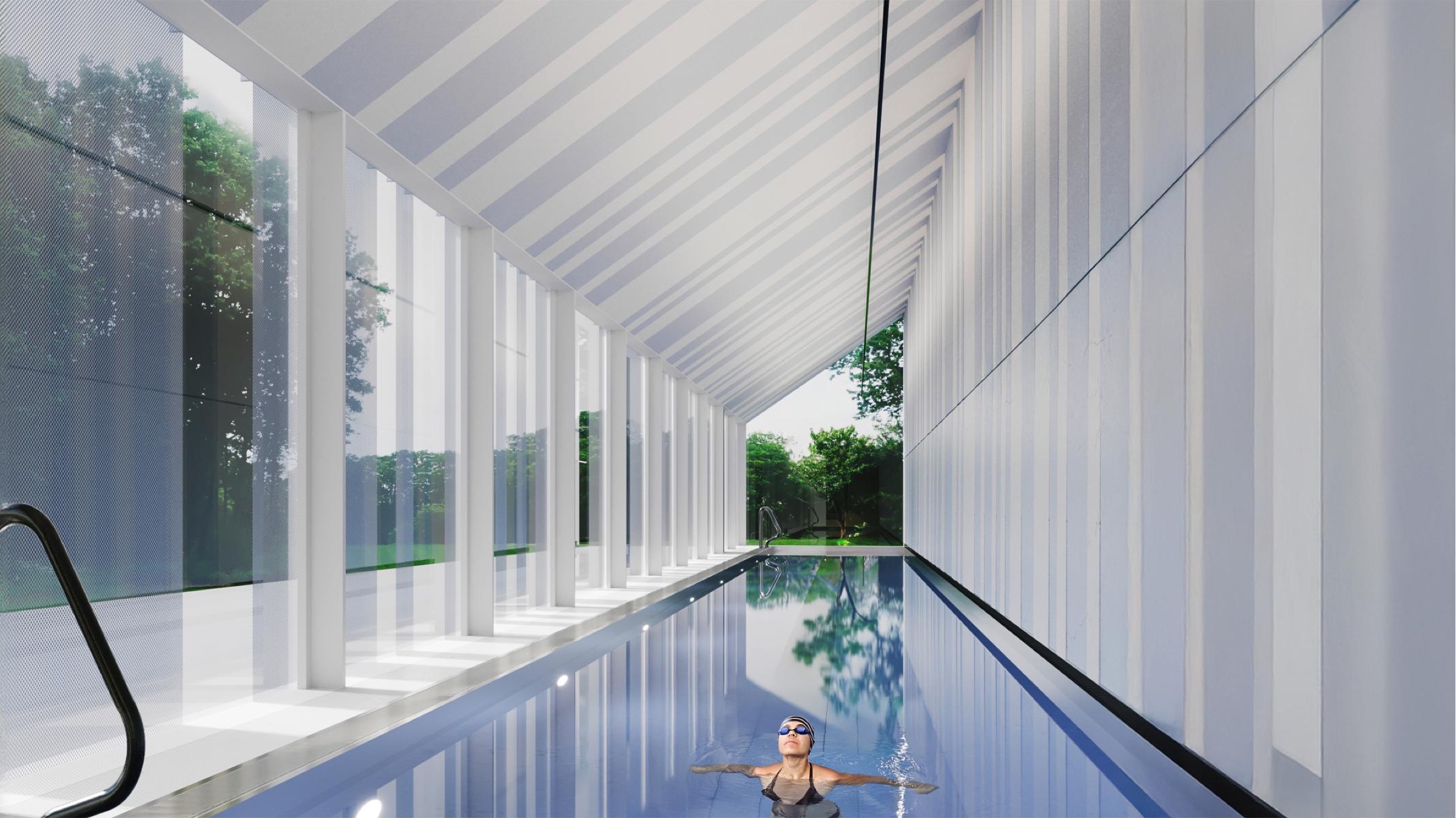Interior view of the lap pool with a swimmer at the far end — white columns, full-height glazing, pitched striped ceiling, and trees reflected in the water