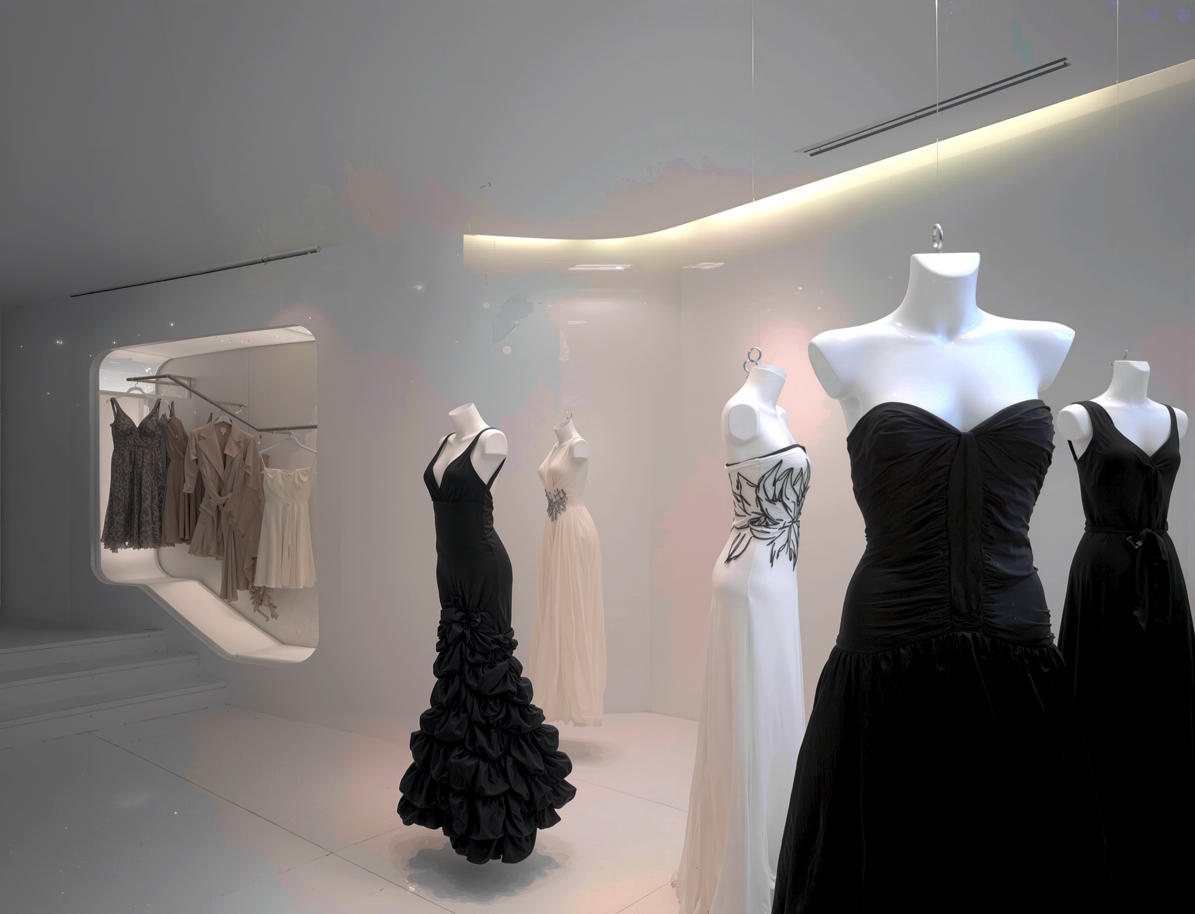 Interior showroom with mannequins in black evening gowns, illuminated recessed alcove displaying garments on rails, and curved white ceiling forms