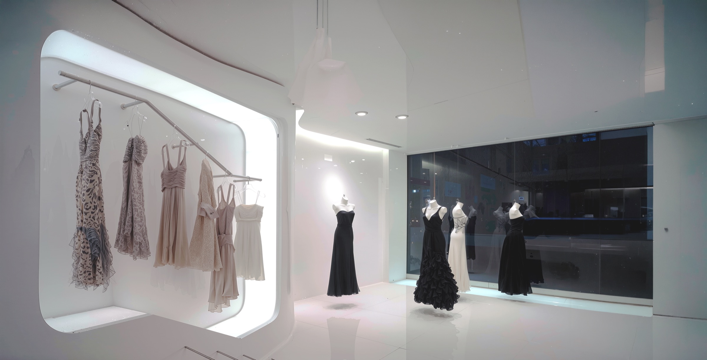 Wide interior view showing recessed display alcove with garments, mannequins in black evening wear, and floor-to-ceiling storefront glazing revealing the Parisian street at dusk