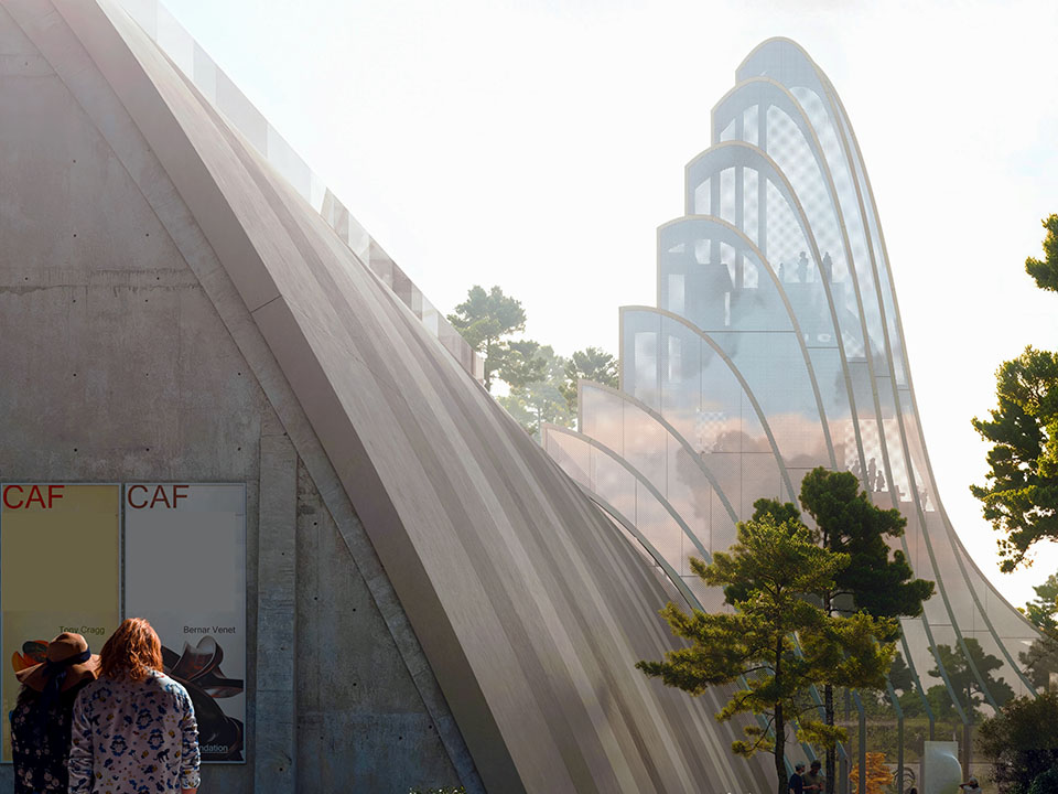 Carob Warehouse Contemporary Art Center sculptural wave-like roof forms at sunset in Limassol