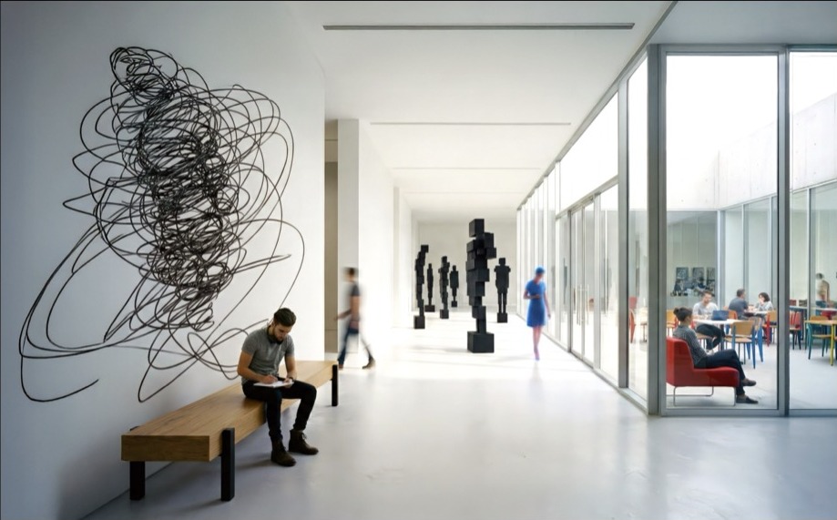 Carob Arts Center contemporary gallery corridor with wire sculpture, bench seating, and figure sculptures