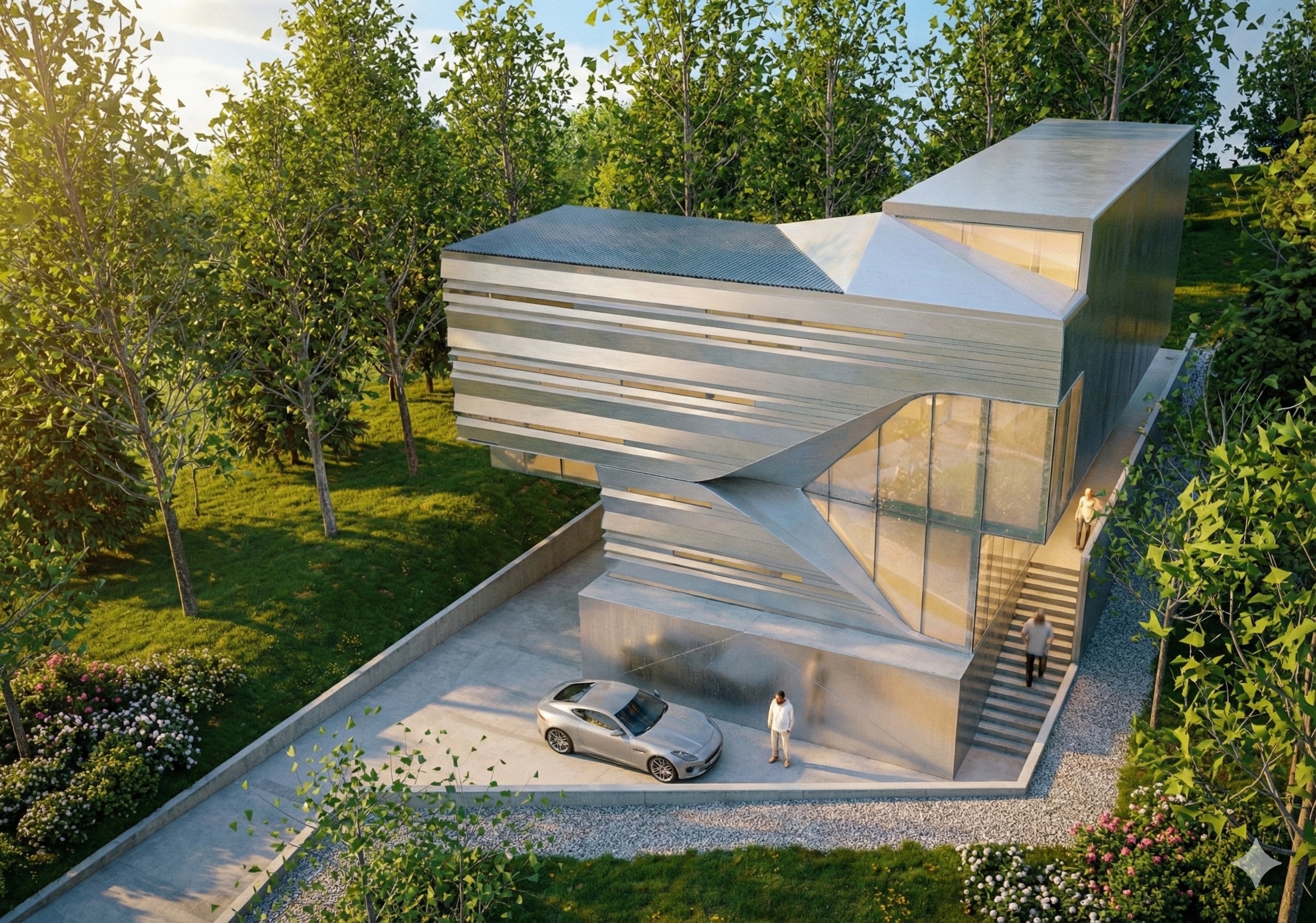 Aerial view of the Cervelo House revealing the complex roofscape of intersecting angular planes set within a lush green landscape