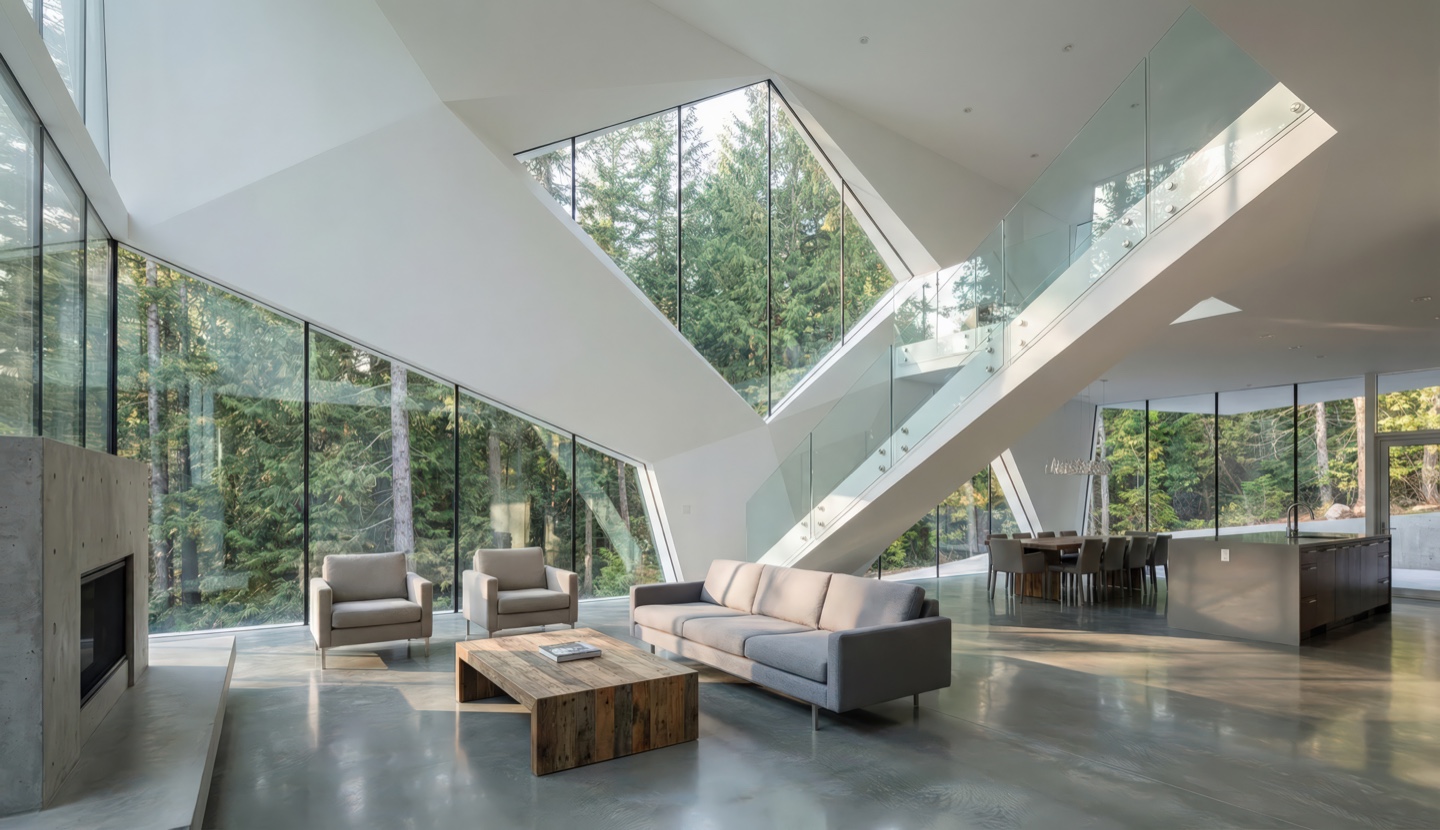 Double-height living room with a glass-railed staircase, polished concrete floors, floor-to-ceiling glazing, and forest views on all sides