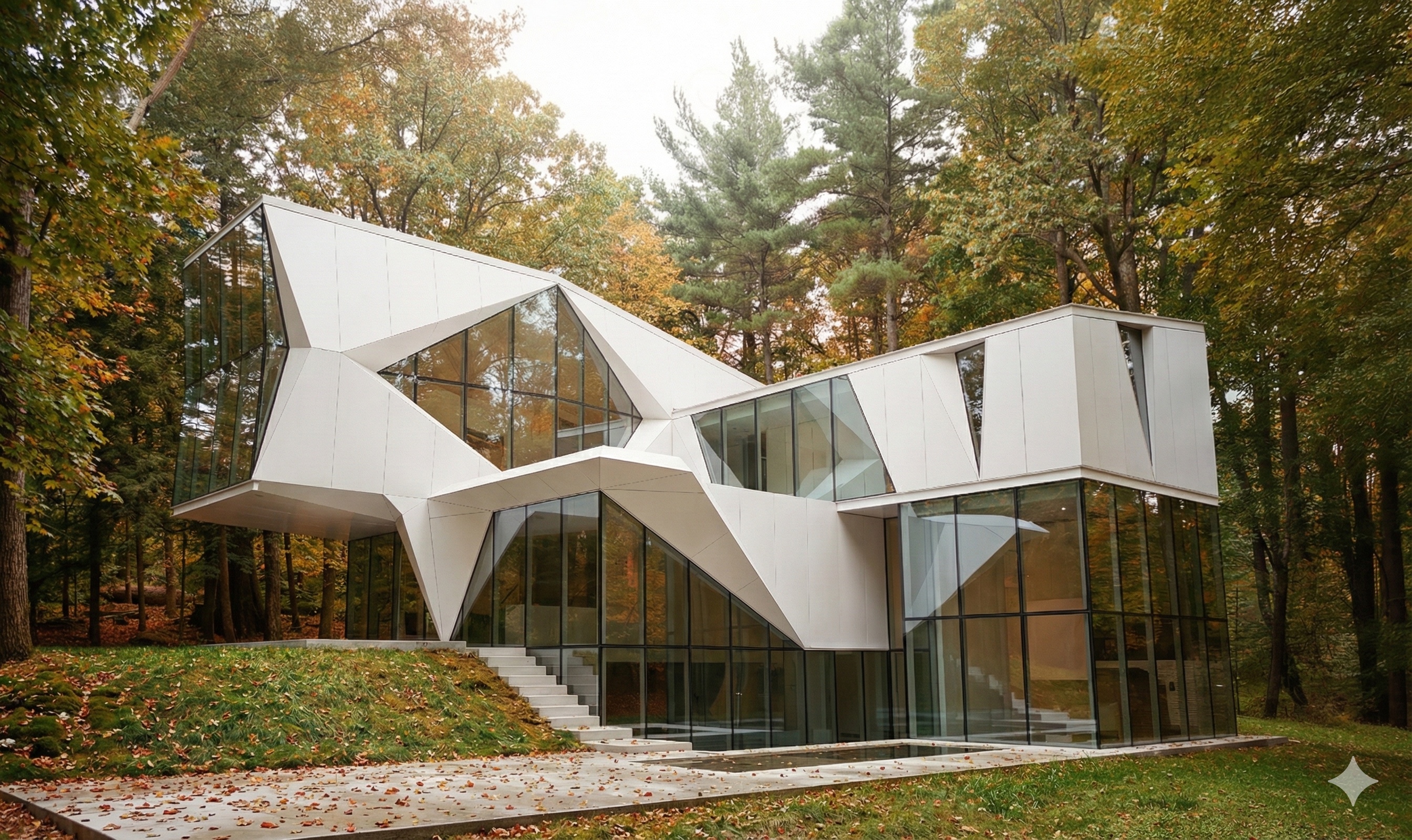 Full exterior view of the Cervelo House in autumn with its complex faceted form rising among trees with golden foliage