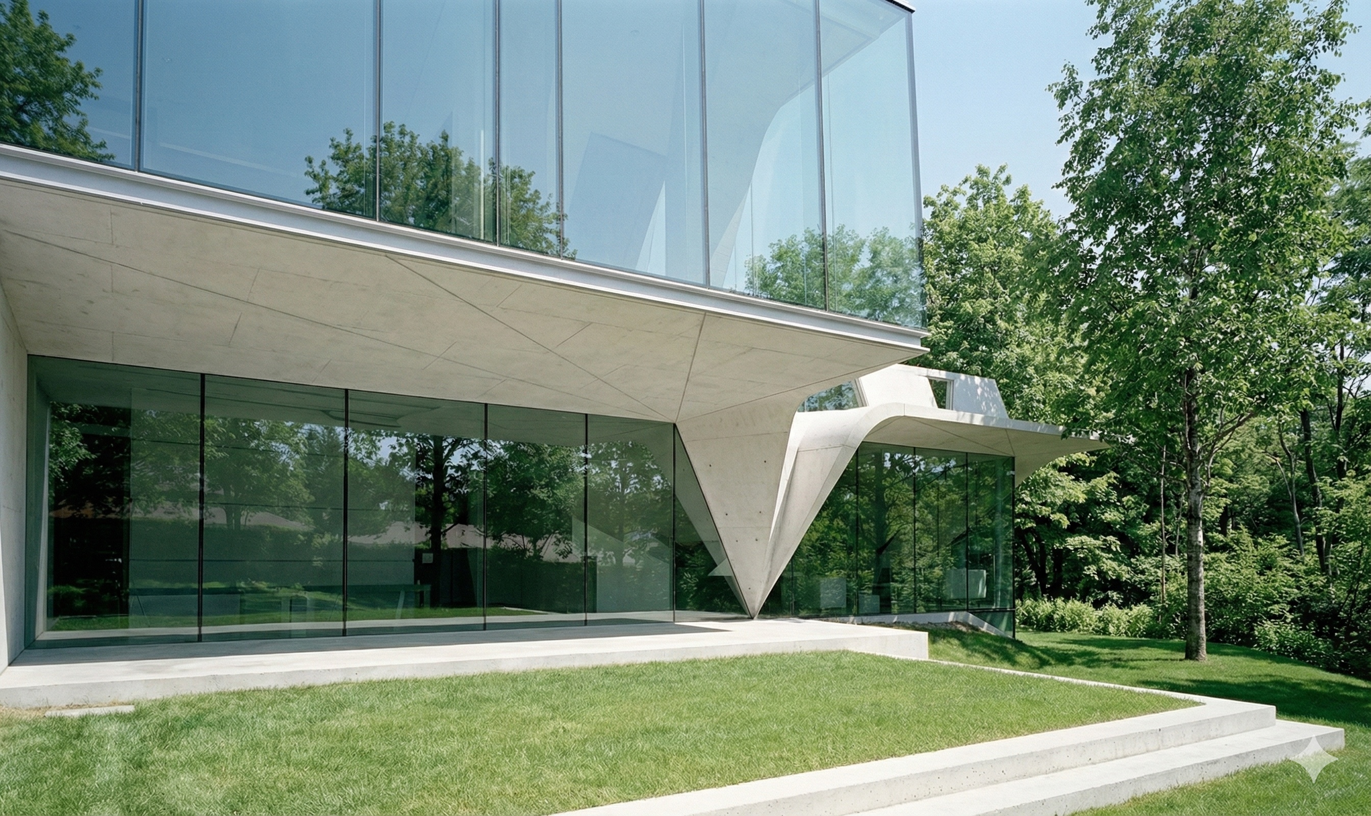 Summer view of the Cervelo House exterior showing the faceted white canopy, large glass panels, and surrounding green lawn