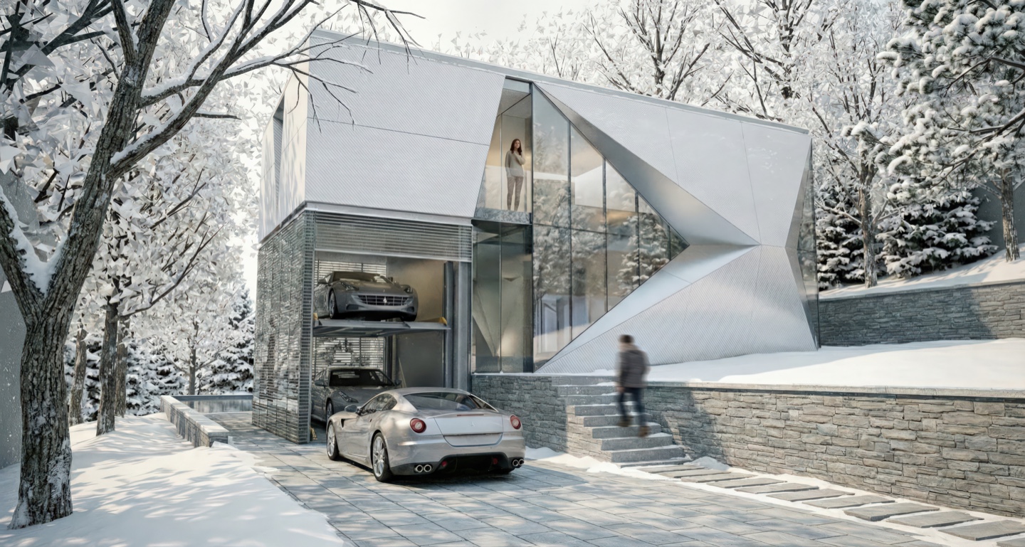 Front facade of the Cervelo House in winter showing the integrated glass garage, stone base, and angular white upper form with snow-covered surroundings
