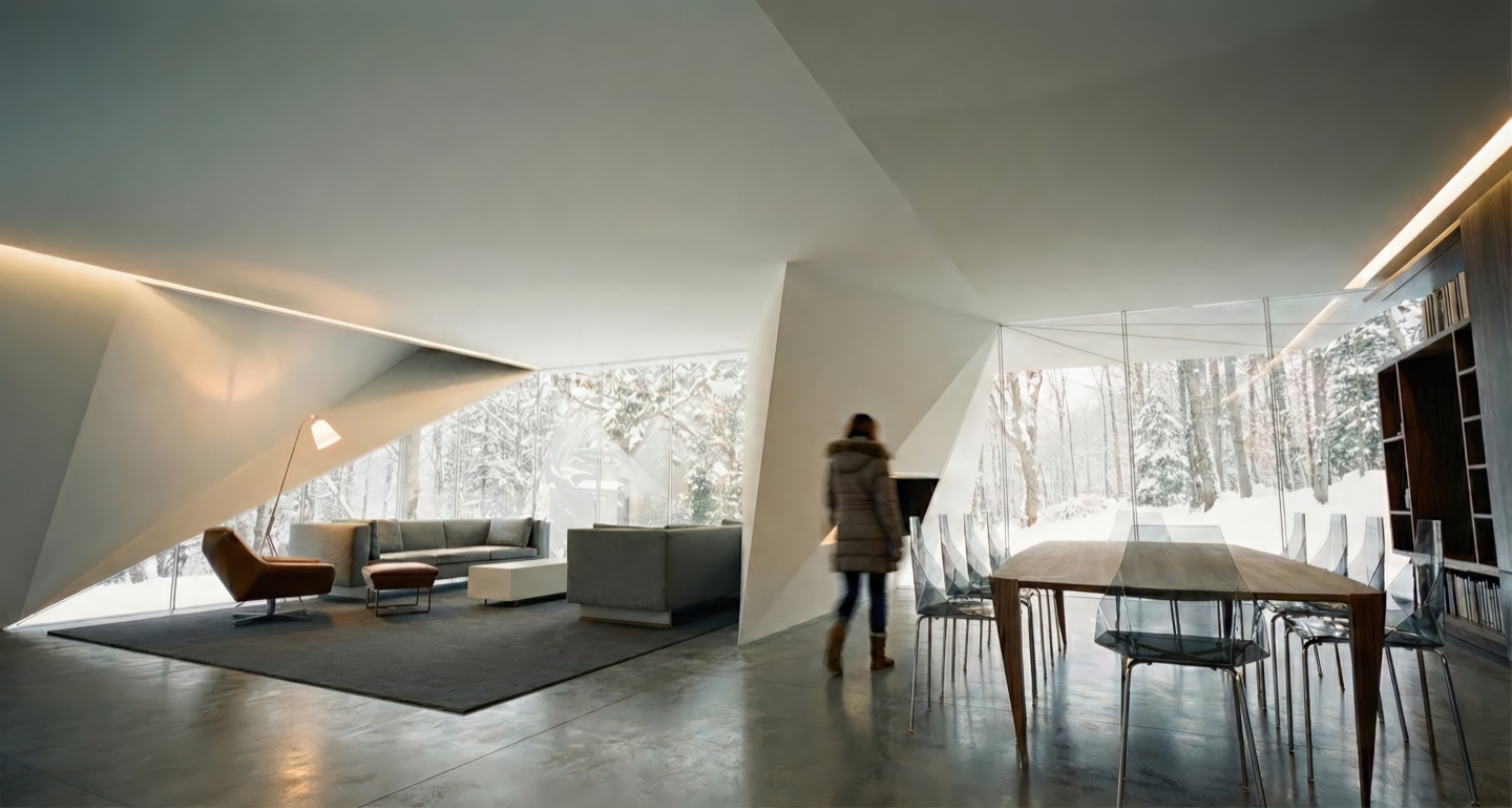 Interior view of living and dining areas with faceted white ceiling planes, polished concrete floors, and panoramic forest views