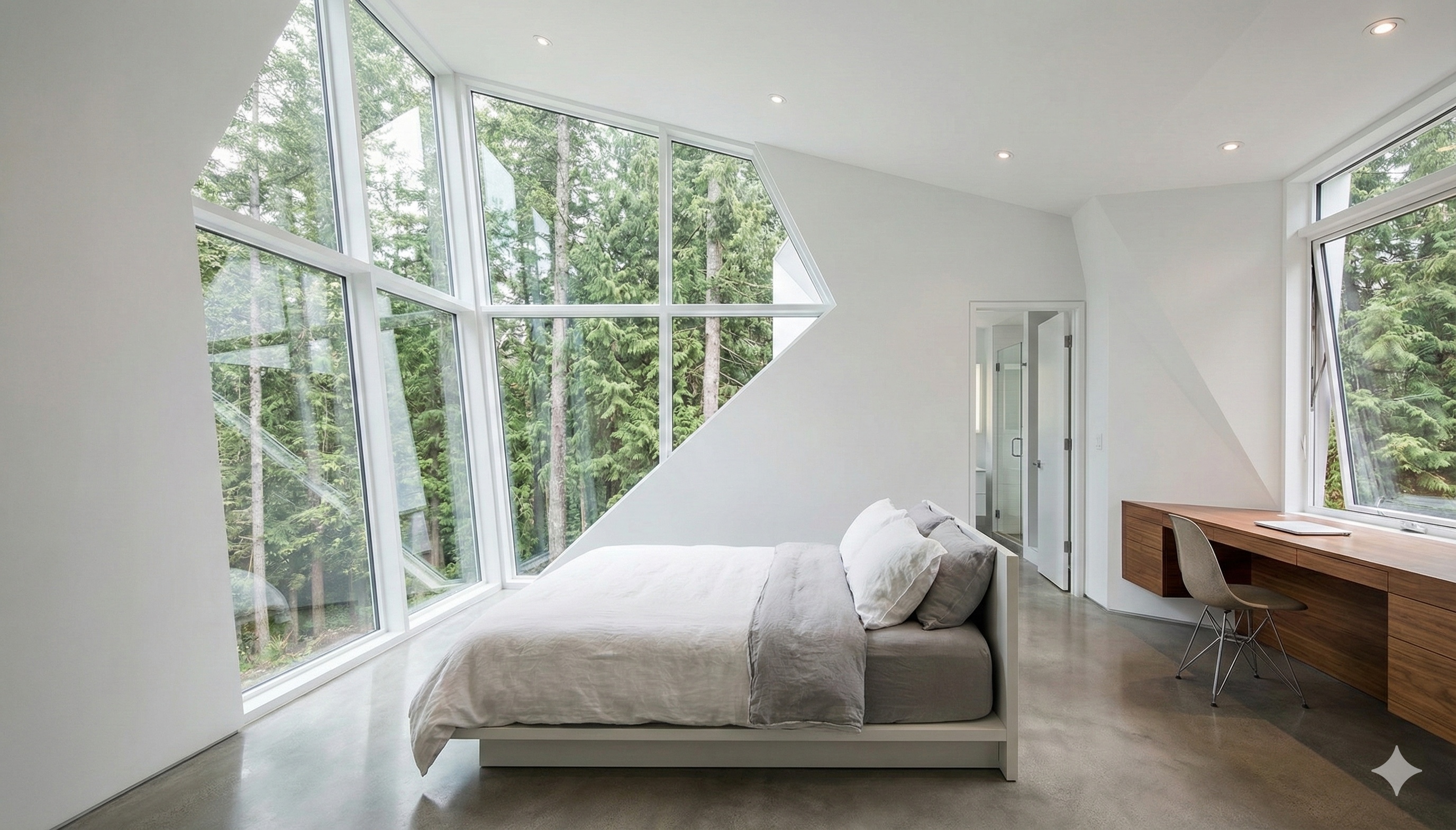 Bright master bedroom with angular floor-to-ceiling windows framing dense green forest, minimal furnishings, and a built-in walnut desk