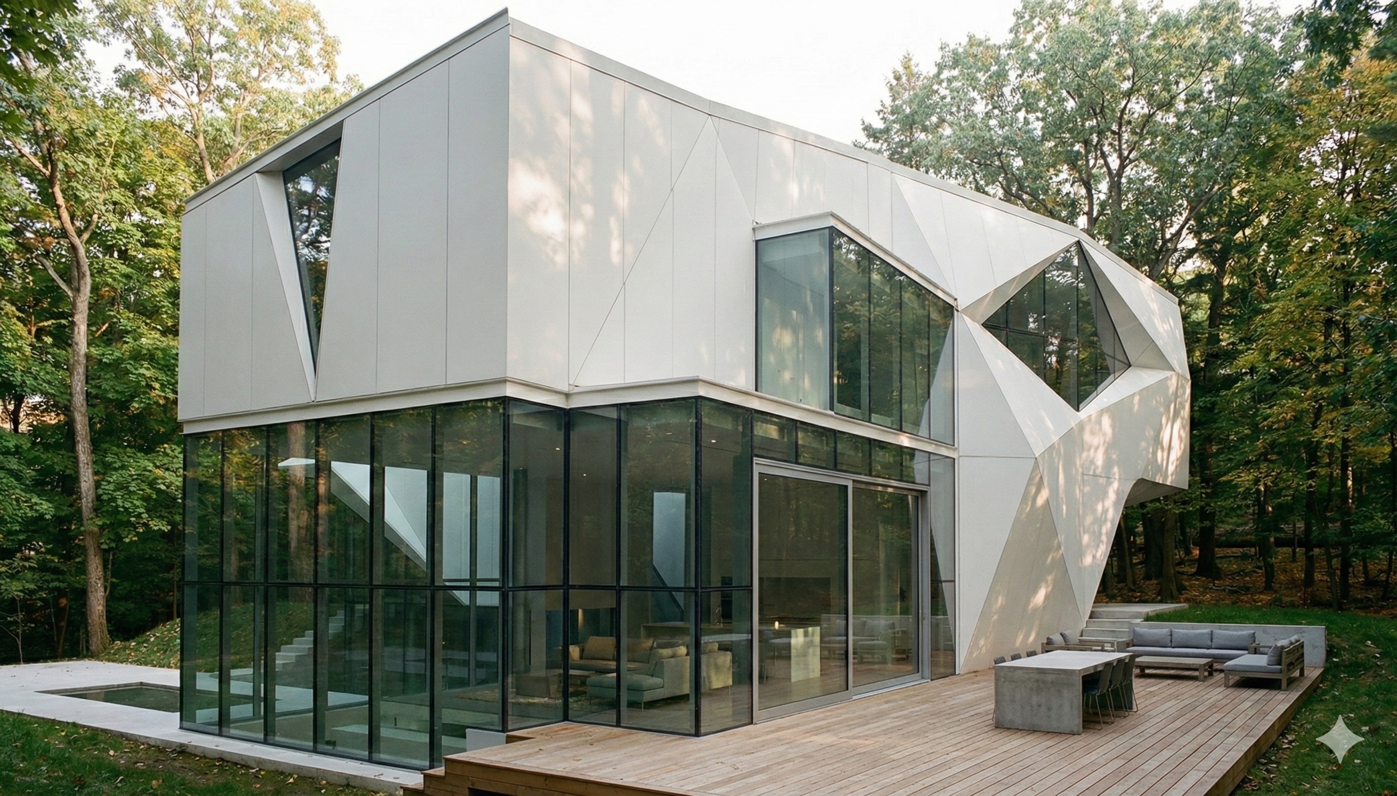 Rear elevation of the Cervelo House with timber deck, outdoor seating area, and faceted white-paneled upper volume amid mature trees