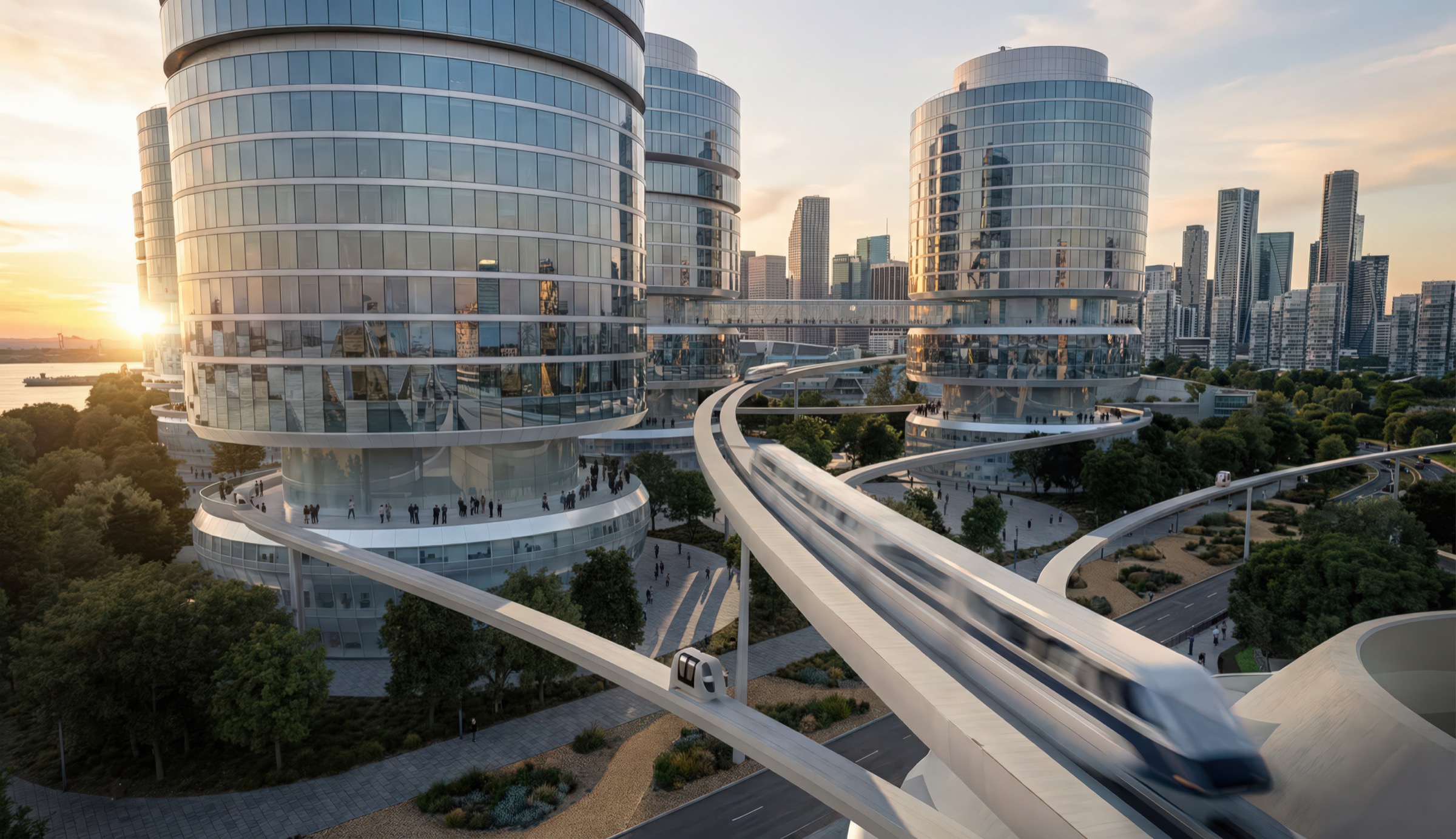 Wide aerial view of cylindrical glass towers with the monorail transit network curving between them, green landscaped districts, and the Changsha skyline in the background at sunset