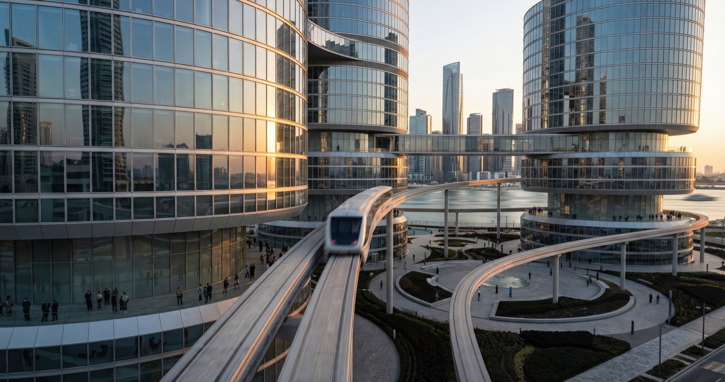 Elevated monorail train gliding along sweeping curved tracks between cylindrical glass towers at golden hour, with landscaped green spaces visible below