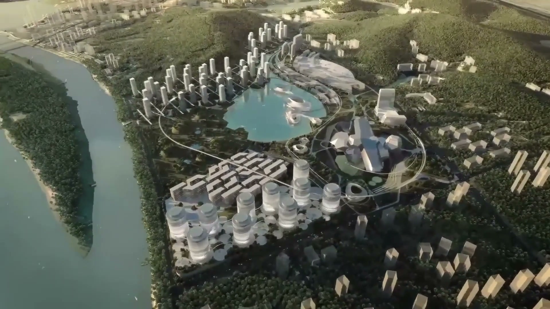 Aerial view of the Changsha Eco Tech City masterplan showing cylindrical tower clusters, central lake, and the Xiang River waterfront