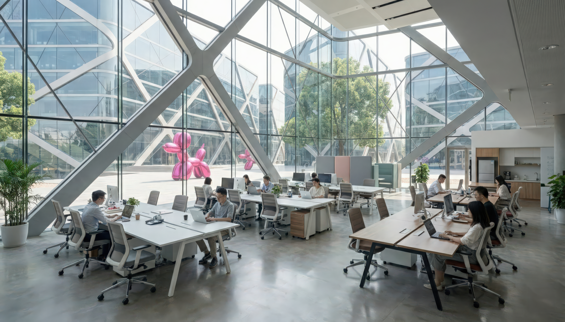 Open-plan office interior within a diagrid-structured building with floor-to-ceiling glazing revealing the white steel exoskeleton, workers at shared desks, indoor plants, and views to the tech campus beyond