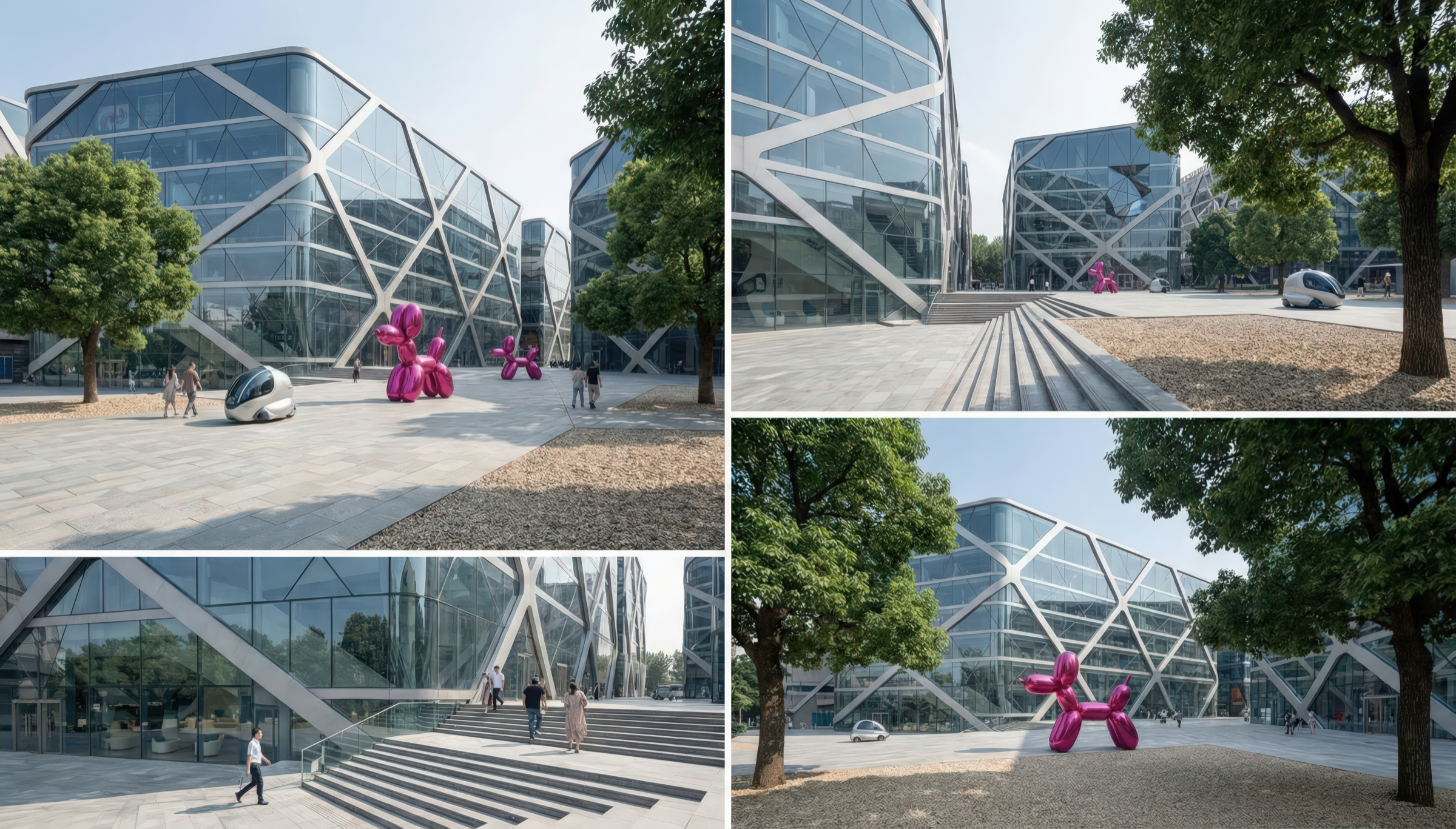 Four views of the tech campus showing faceted diagrid glass buildings from different angles, with public art, mature trees, pedestrians, and autonomous vehicles on the car-free ground plane