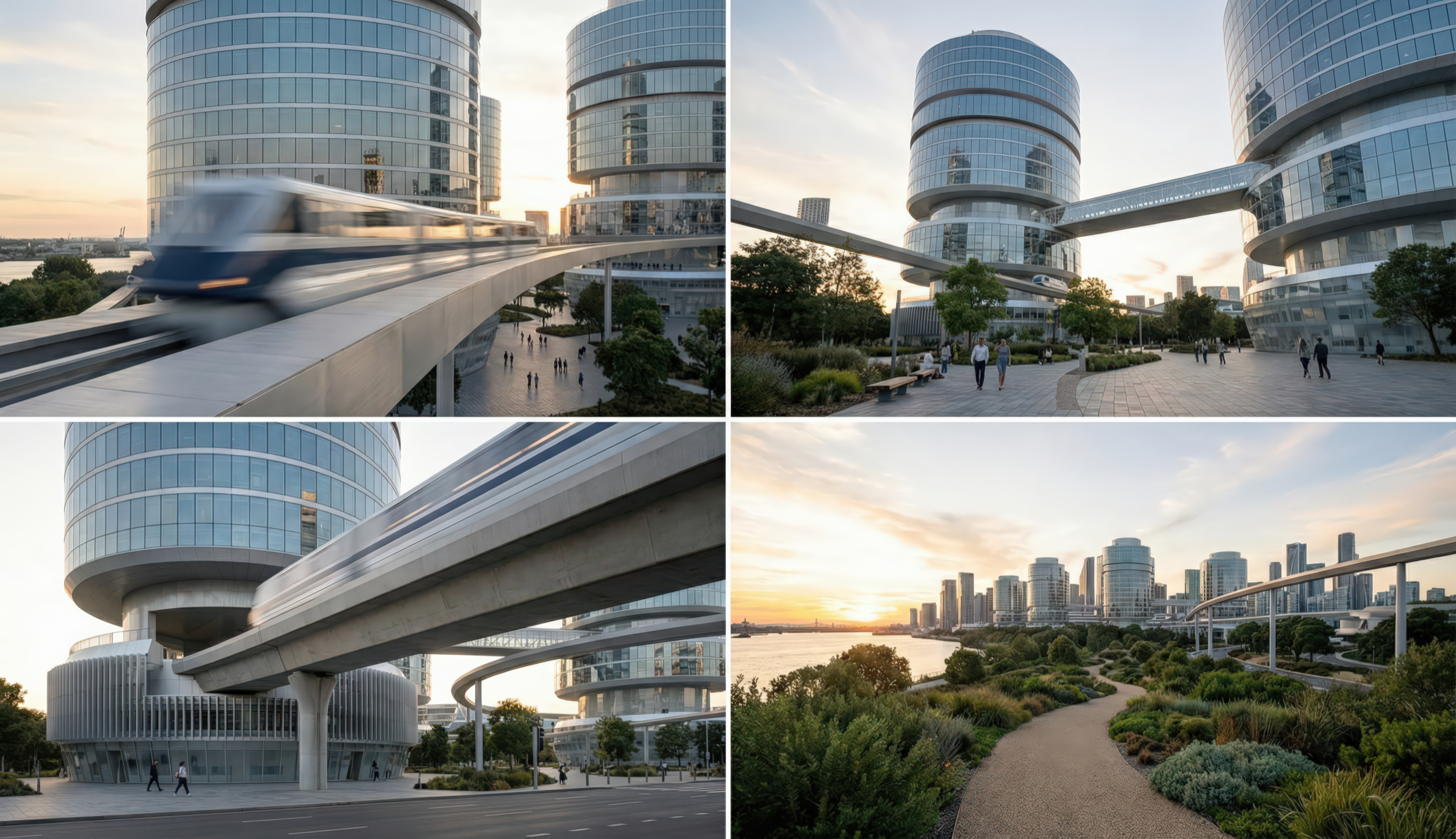 Four views of the monorail transit system and park landscape at golden hour, showing trains passing between cylindrical towers, elevated stations, and landscaped promenades with sunset views