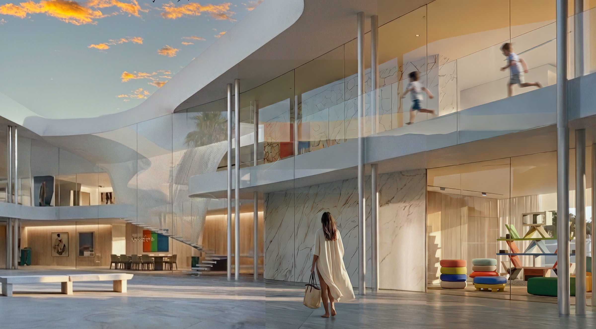 Open-air courtyard at sunset with multi-level living spaces, marble walls, colorful art, glass balustrades, a child running along the upper terrace, and a woman walking below