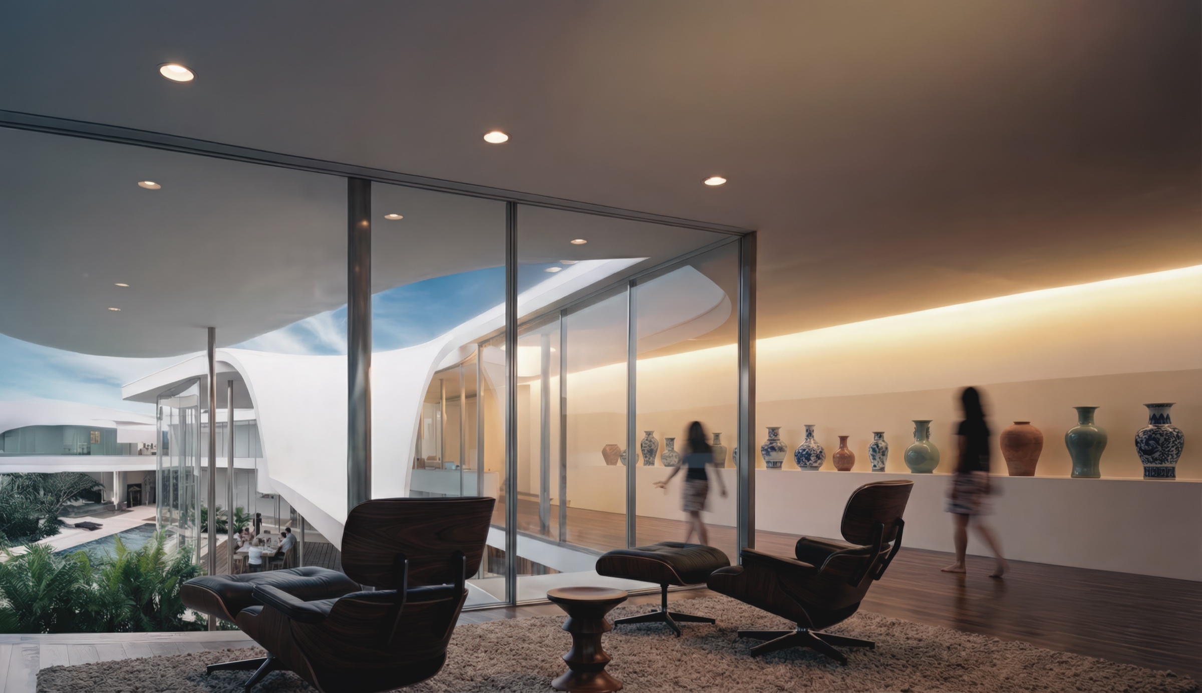 Interior gallery space with Eames lounge chairs on a shag rug, a curated display of ceramics and vases along an illuminated shelf, and floor-to-ceiling glass overlooking the sculptural courtyard
