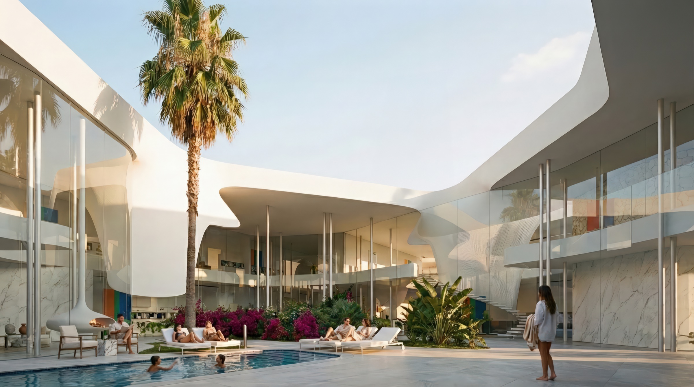 Daytime view of the Chor Residence courtyard with sculpted white canopy roof, pool, palm tree, tropical landscaping, and multi-level living spaces behind floor-to-ceiling glass