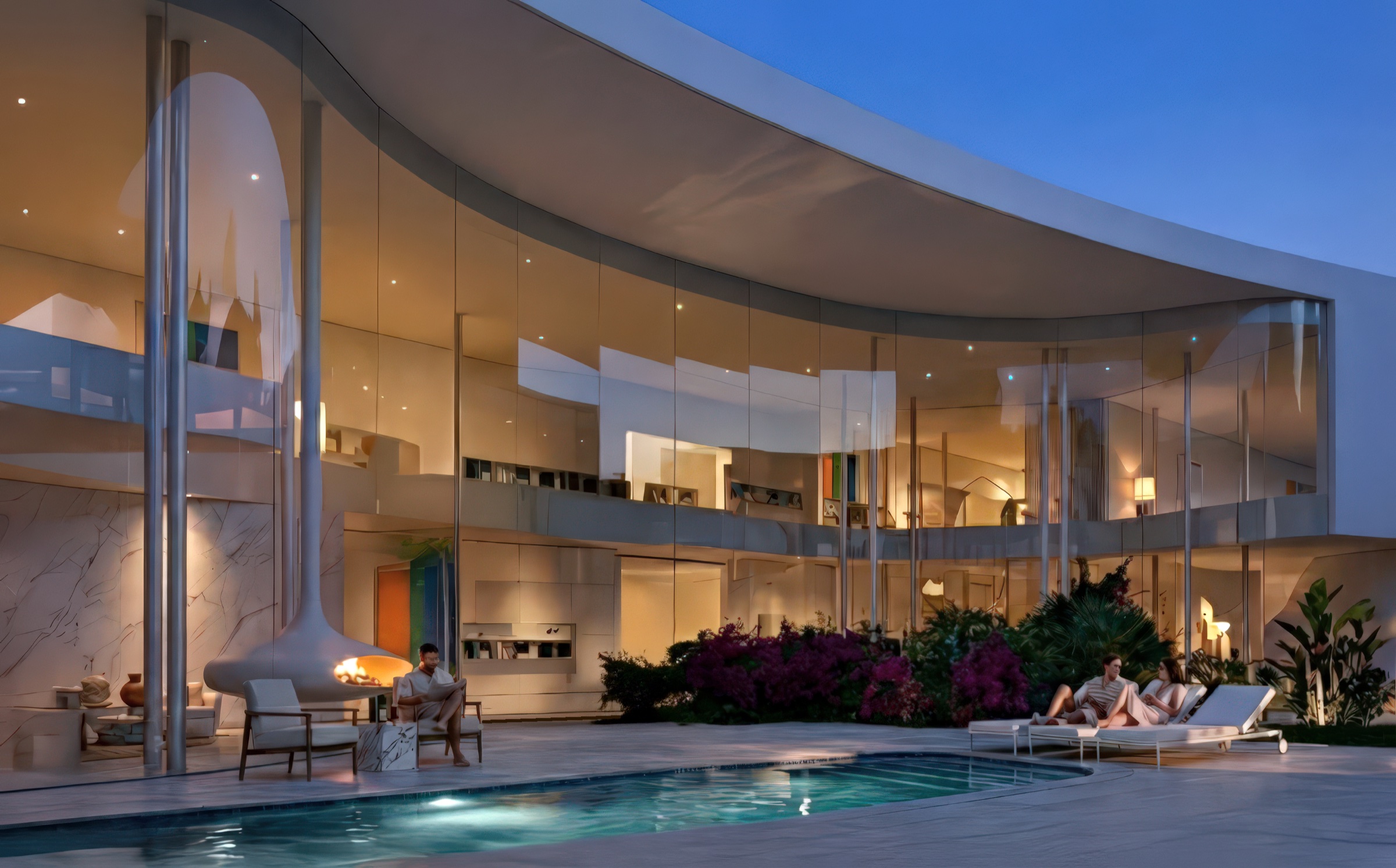 Evening view of the pool terrace with the sculptural white roof canopy curving above, illuminated interiors with art and furnishings visible through glass, and residents lounging poolside