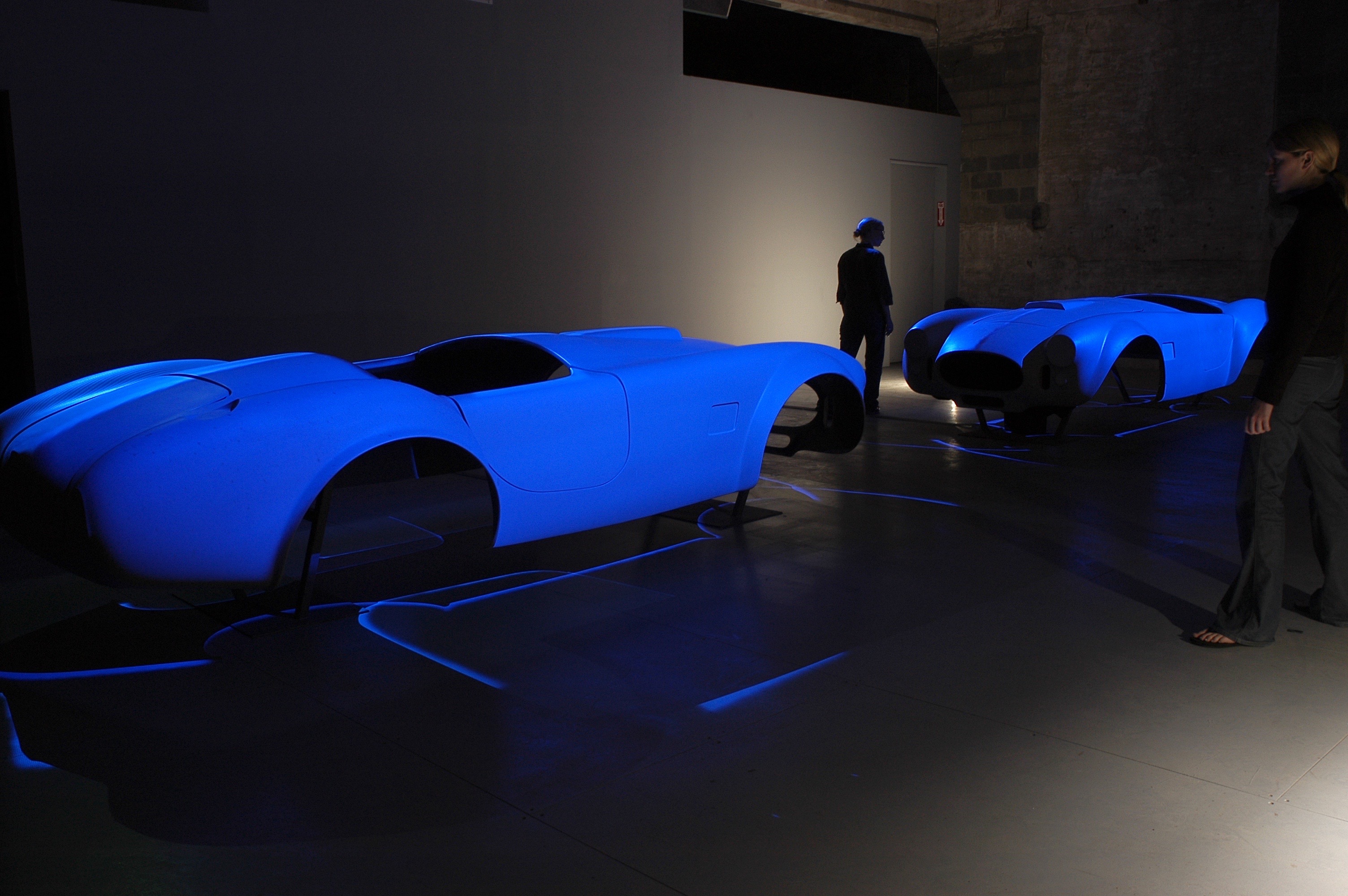 Flux 4.0: Ascape — sculptural forms cast from 1960s Cobra race car molds illuminated with projected computer-generated animations in DUMBO, Brooklyn