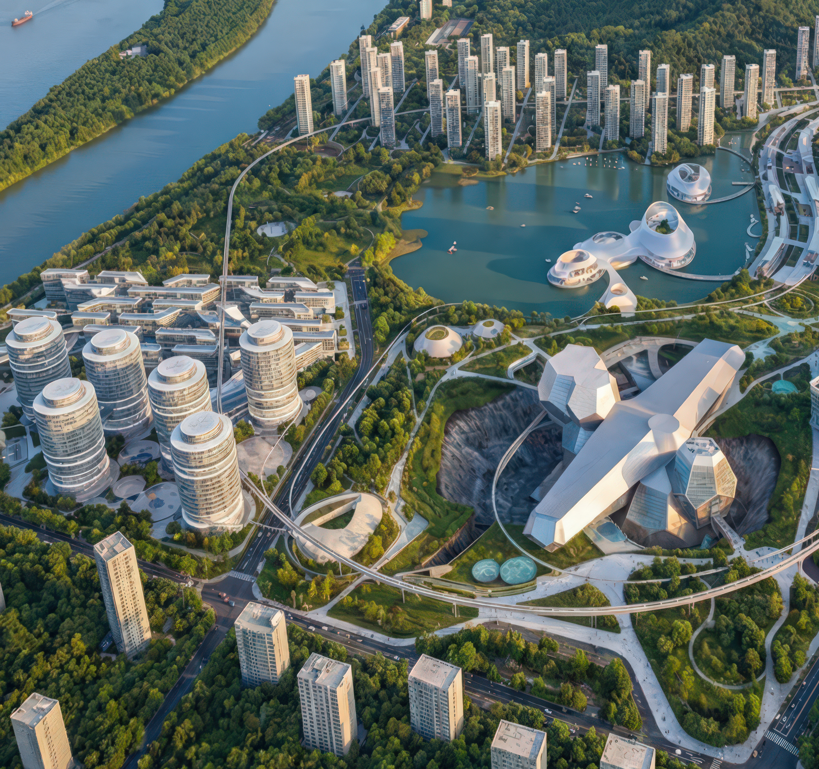 Aerial masterplan view of the Crystal World Resort complex showing the crystalline main building, lakefront amenities, and surrounding residential towers
