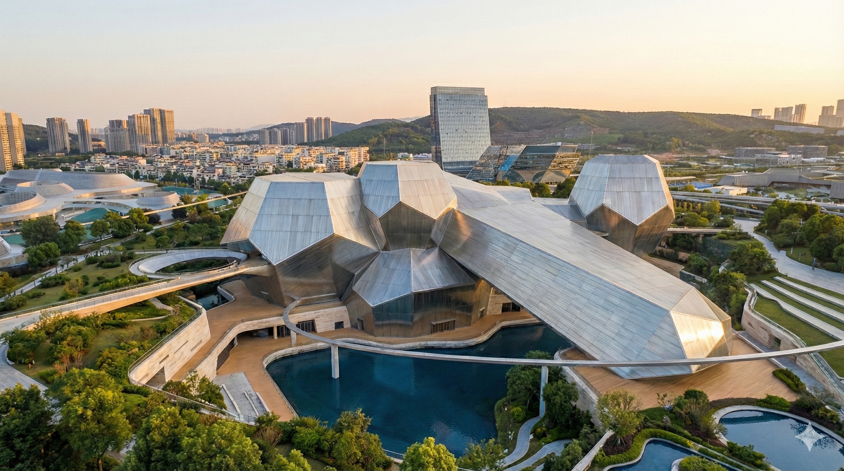 Aerial view of the Crystal World Resort featuring its faceted crystalline architecture and reflecting pool with Changsha cityscape beyond