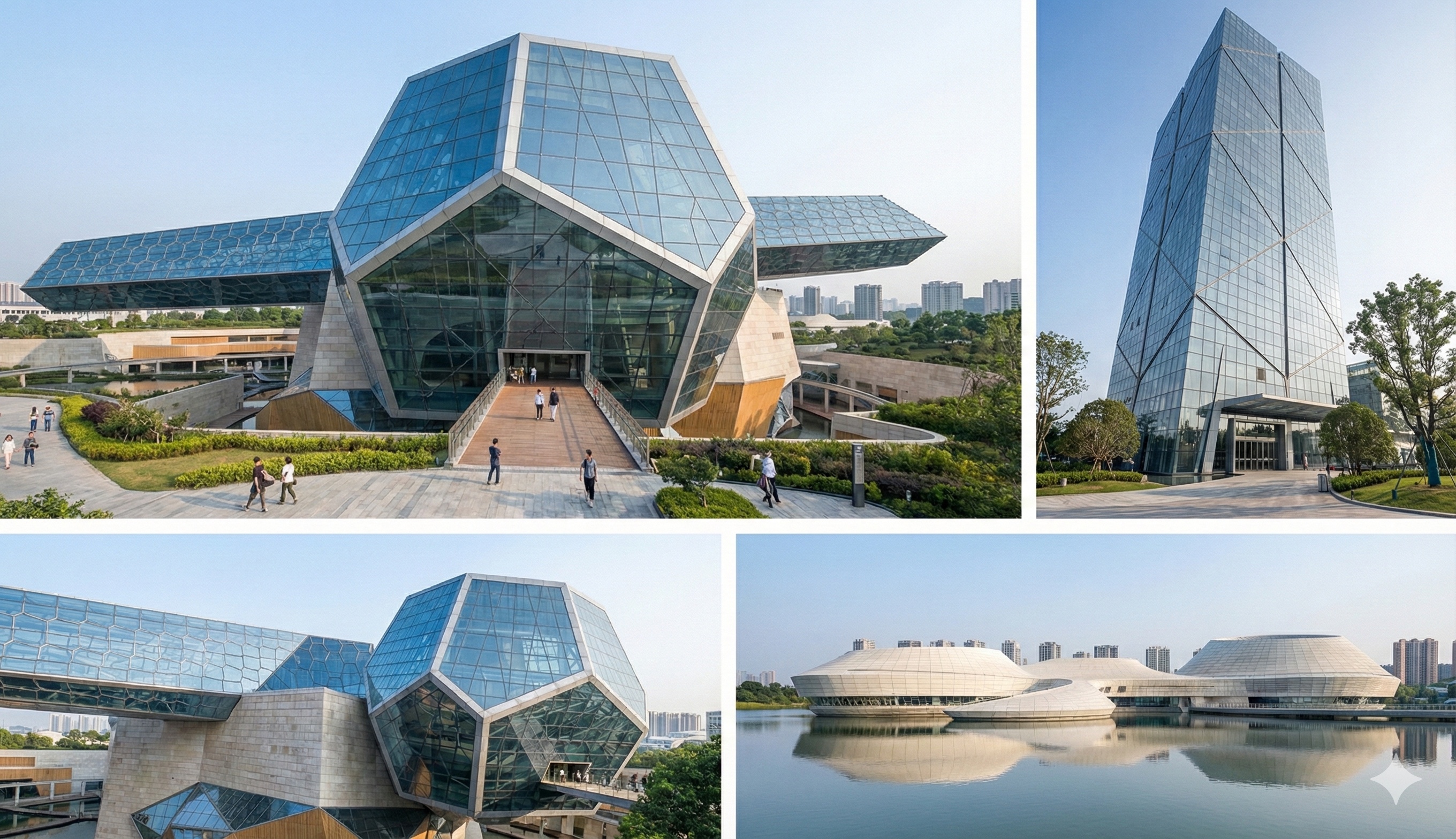 Four architectural detail views of the Crystal World Resort showing the faceted glass facades, crystalline entrance pavilion, and tower