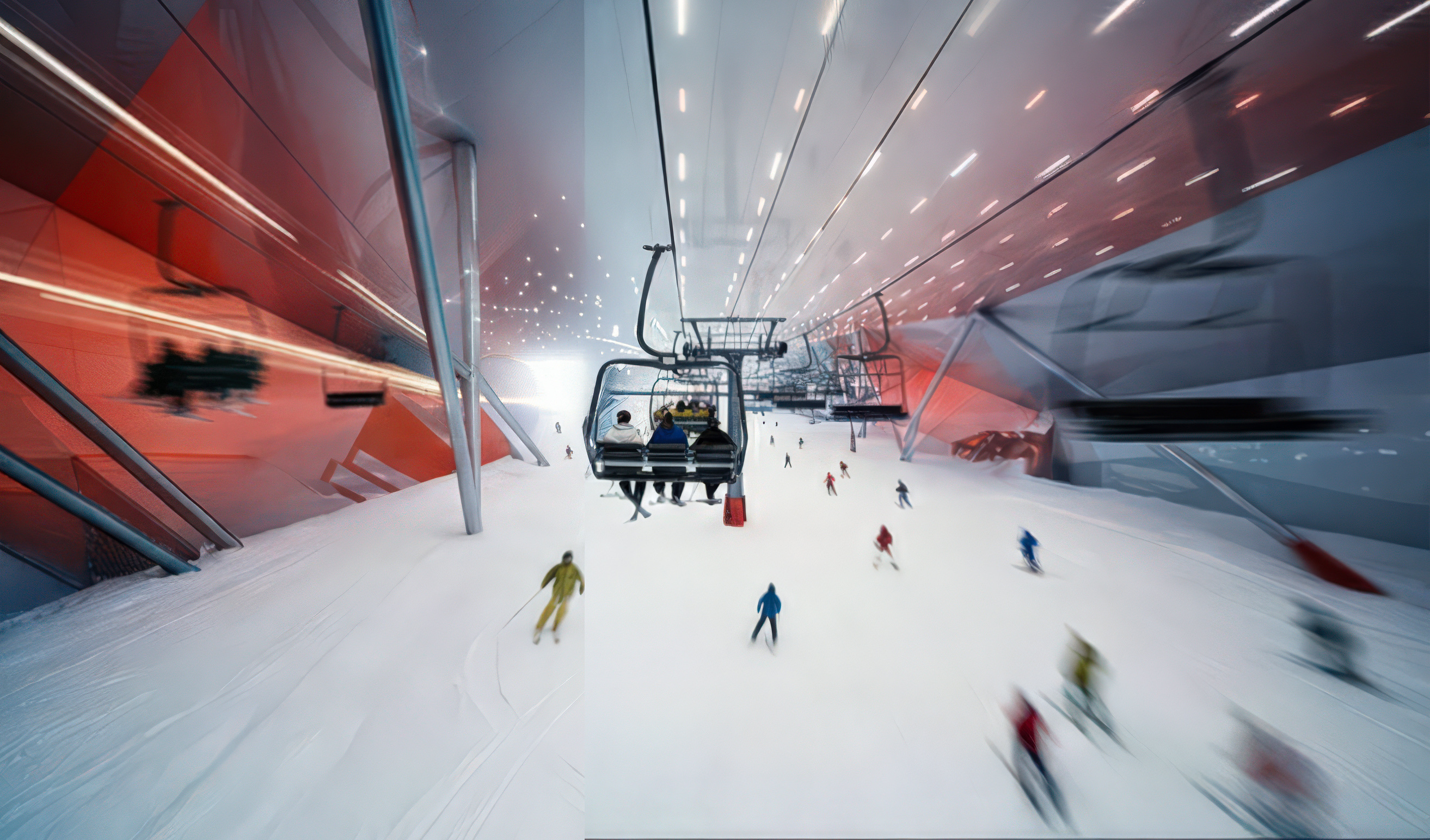 Indoor ski slope with chairlift and skiers inside the Crystal World Resort