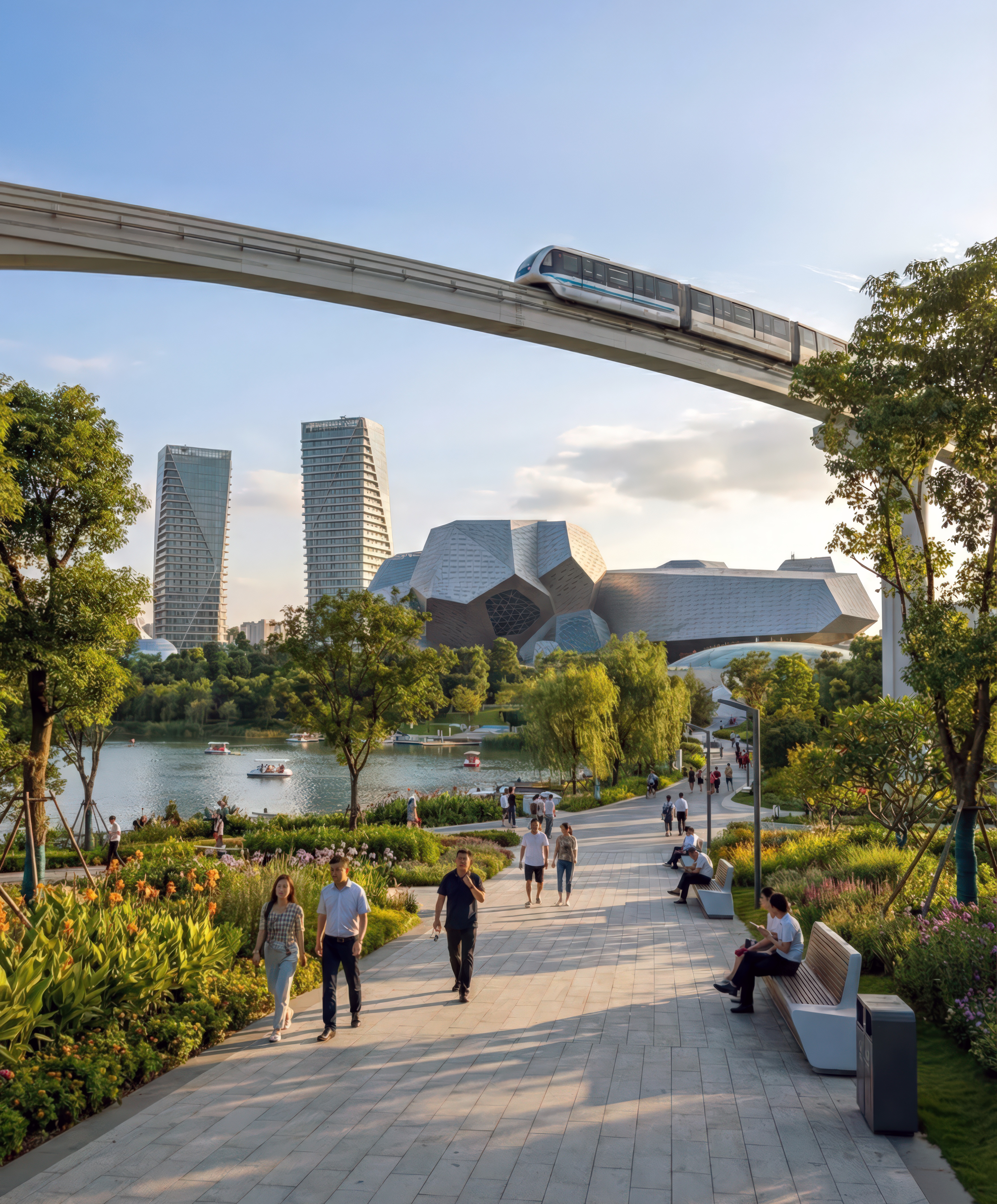 Pedestrian waterfront promenade with monorail bridge overhead and Crystal World Resort visible across the lake