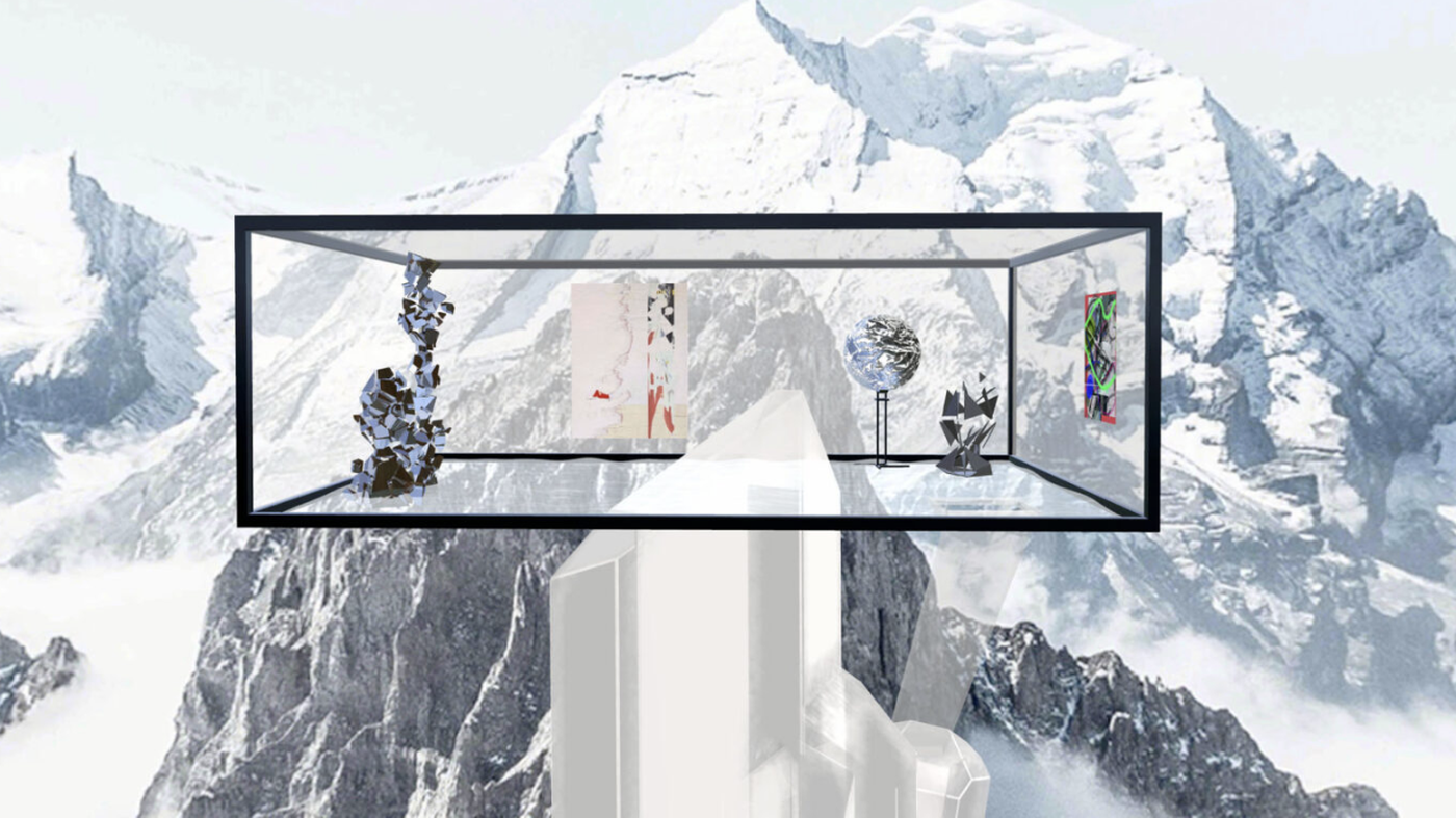 Mountain landscape sculpture park with floating gallery